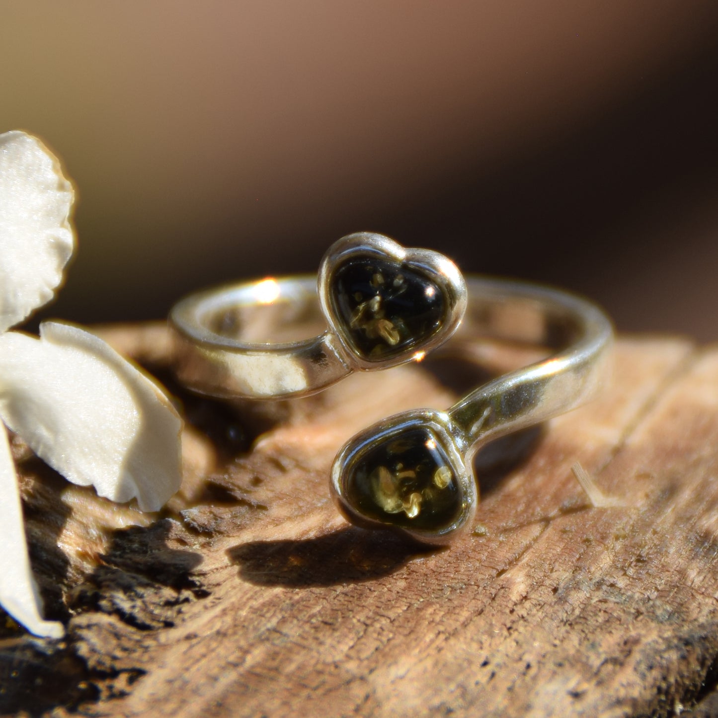 Adjustable ring with two green natural Amber hearts and 925 Silver, MJ Baltica, BP147
