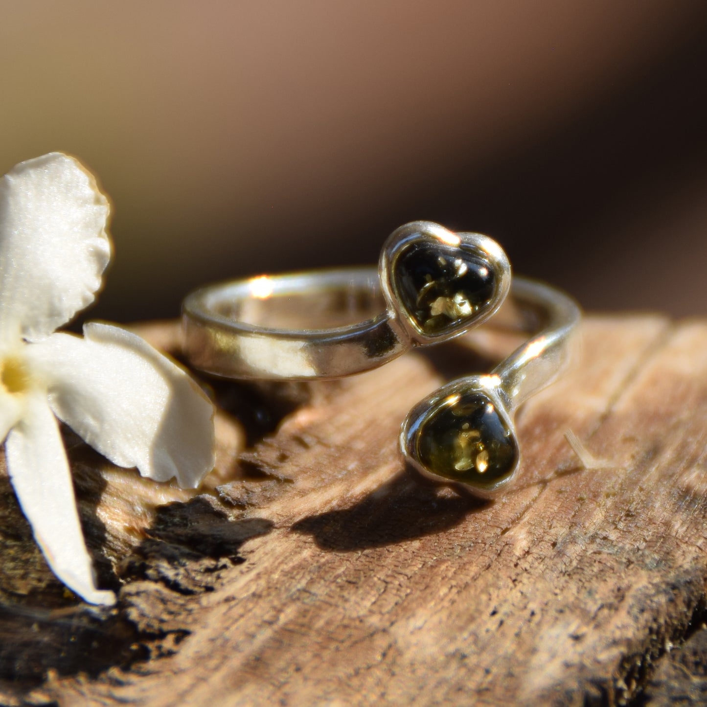 Adjustable ring with two green natural Amber hearts and 925 Silver, MJ Baltica, BP147
