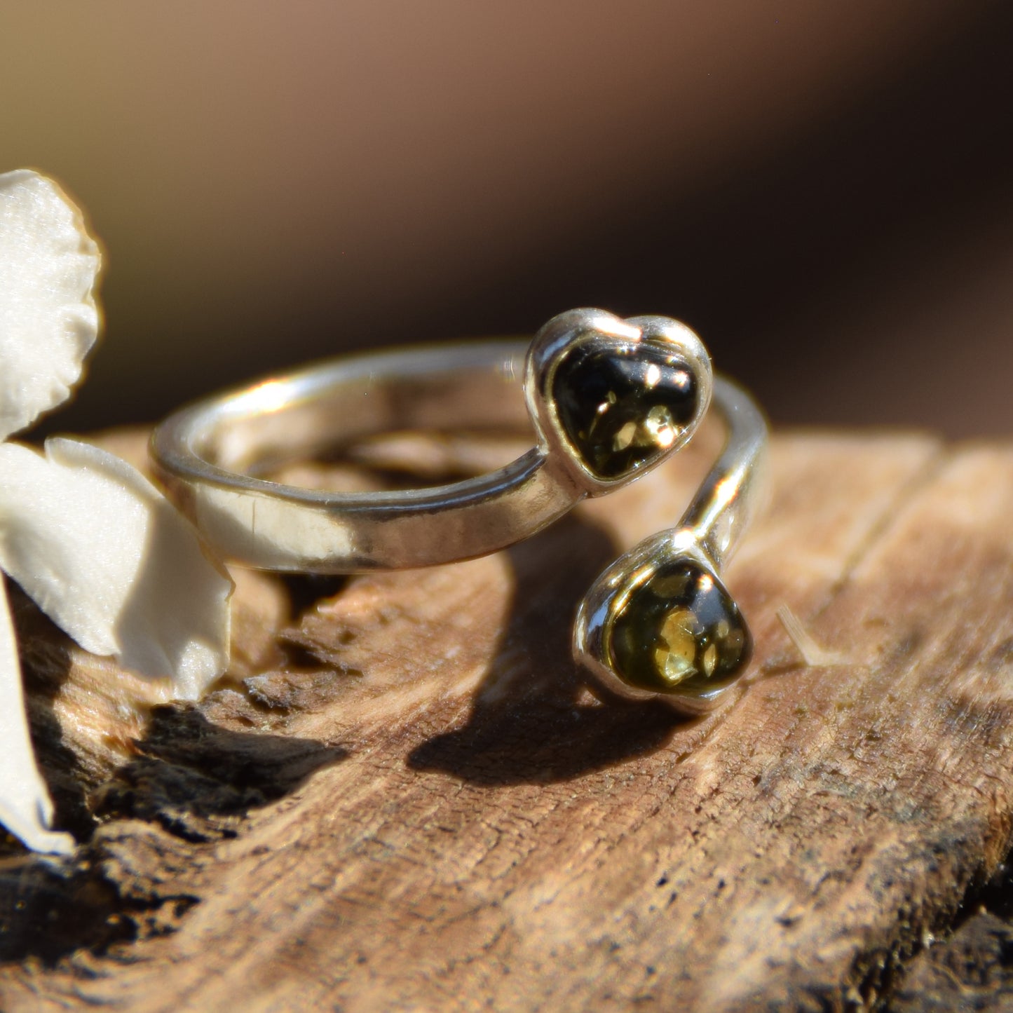 Adjustable ring with two green natural Amber hearts and 925 Silver, MJ Baltica, BP147