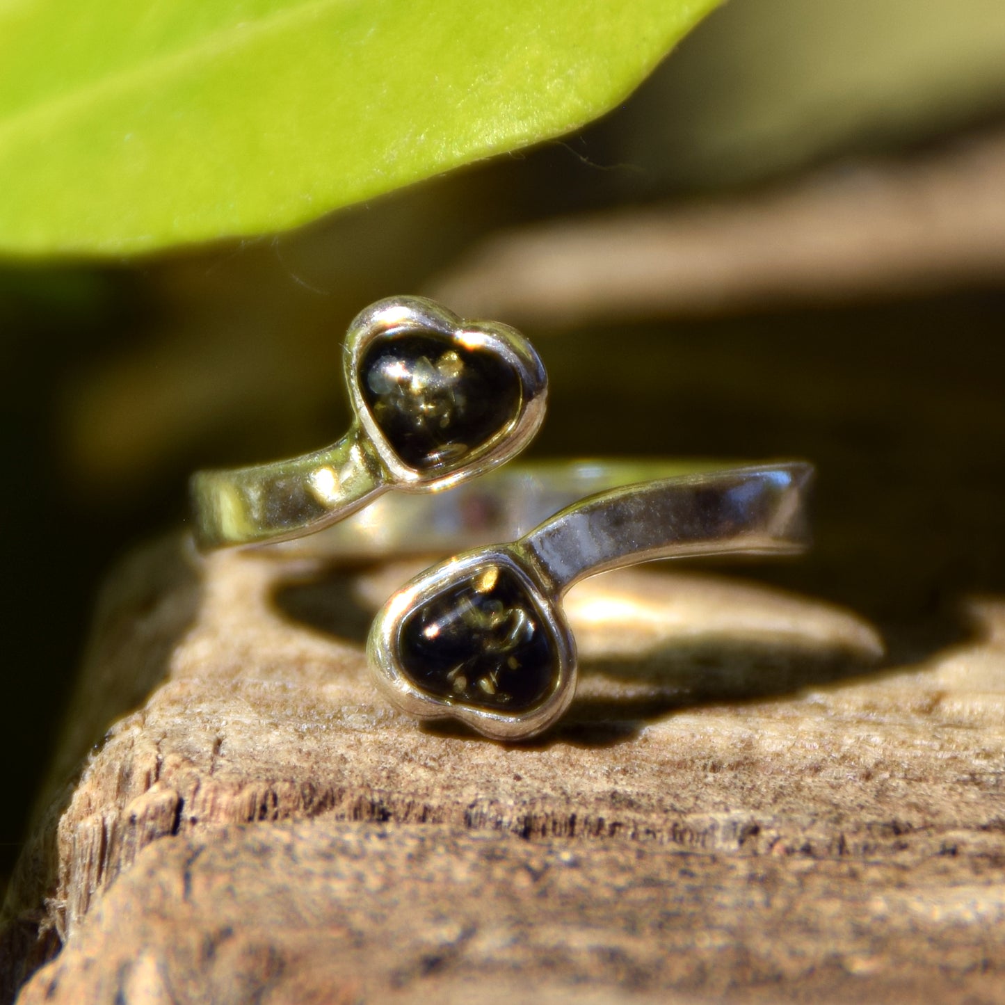 Adjustable ring with two green natural Amber hearts and 925 Silver, MJ Baltica, BP147
