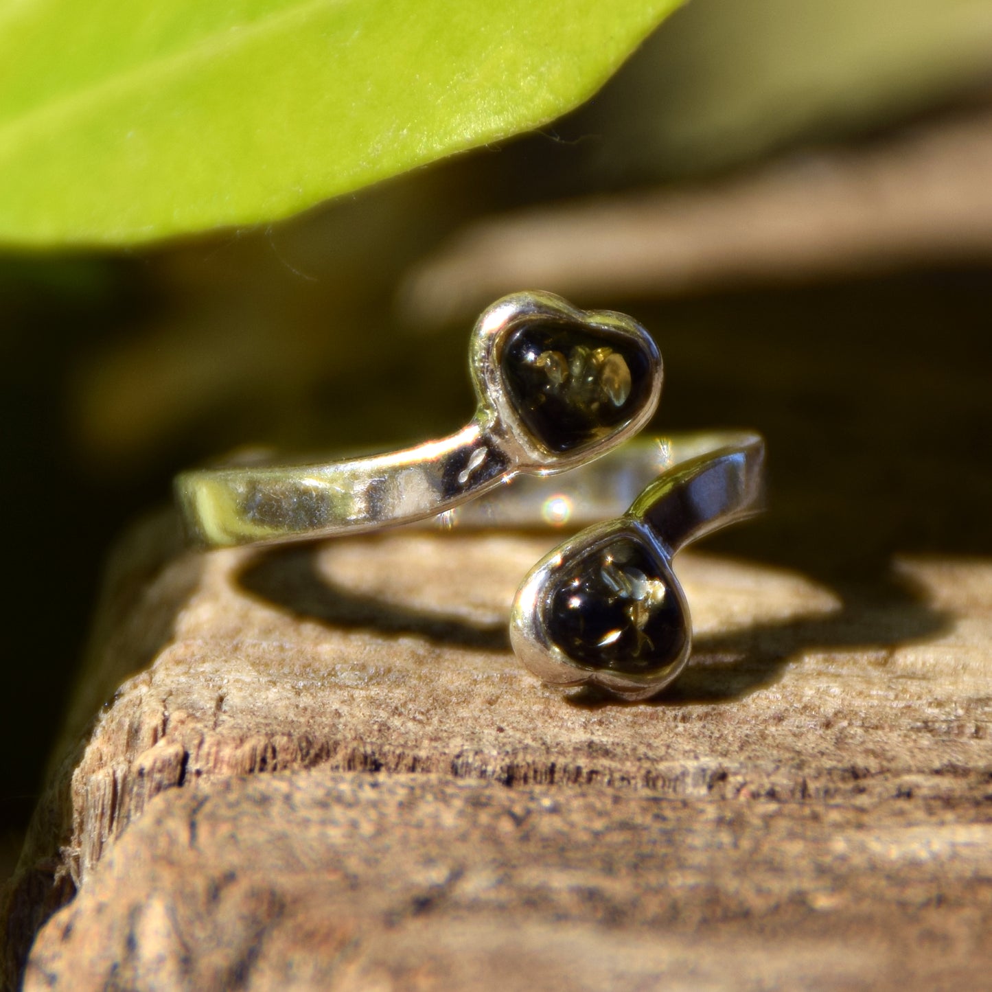 Adjustable ring with two green natural Amber hearts and 925 Silver, MJ Baltica, BP147