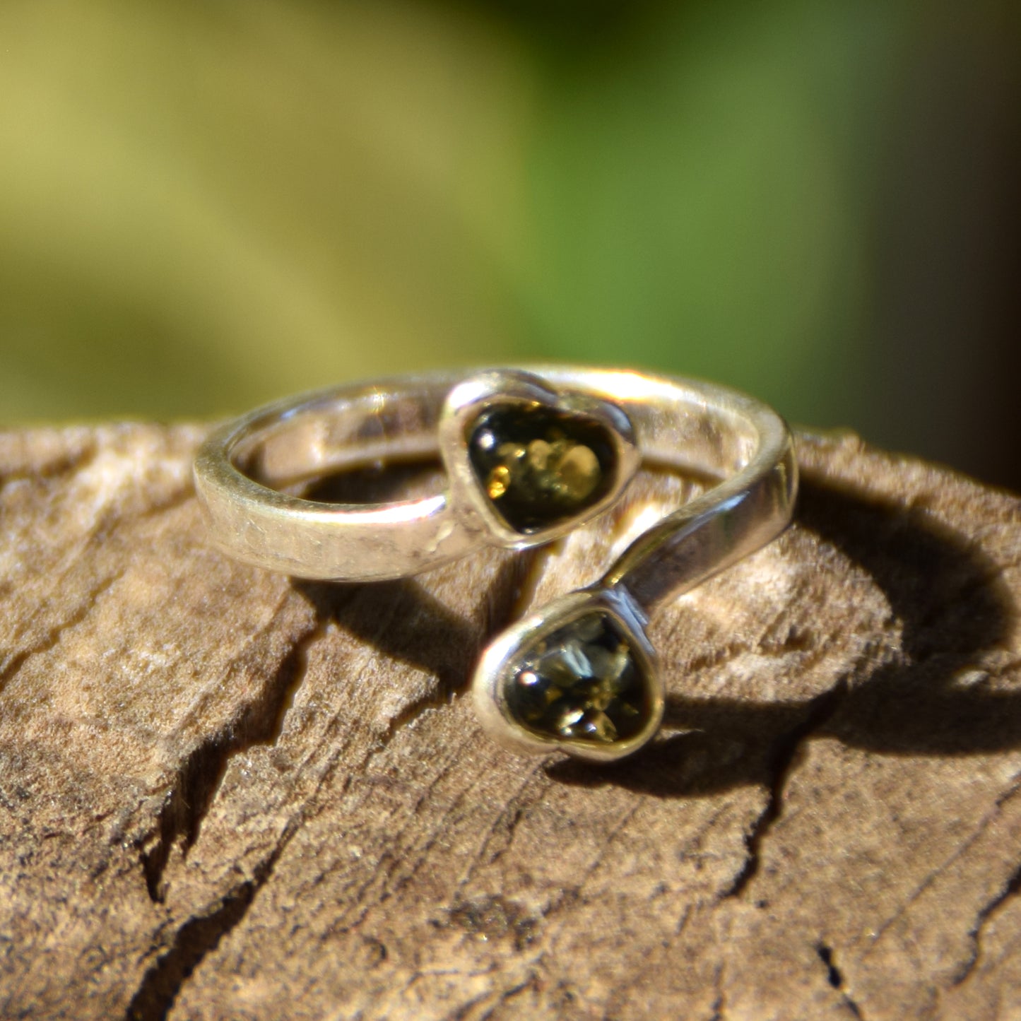 Adjustable ring with two green natural Amber hearts and 925 Silver, MJ Baltica, BP147