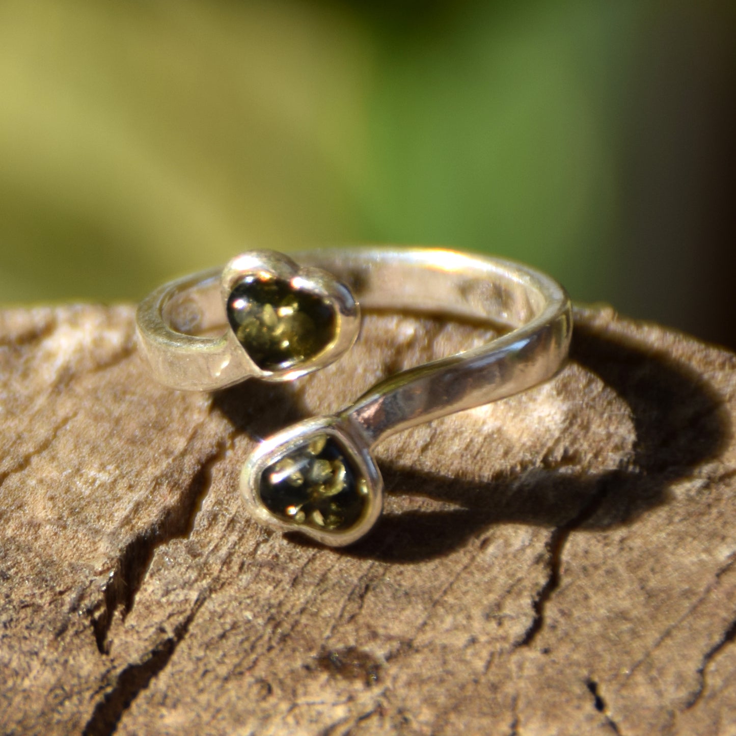 Adjustable ring with two green natural Amber hearts and 925 Silver, MJ Baltica, BP147