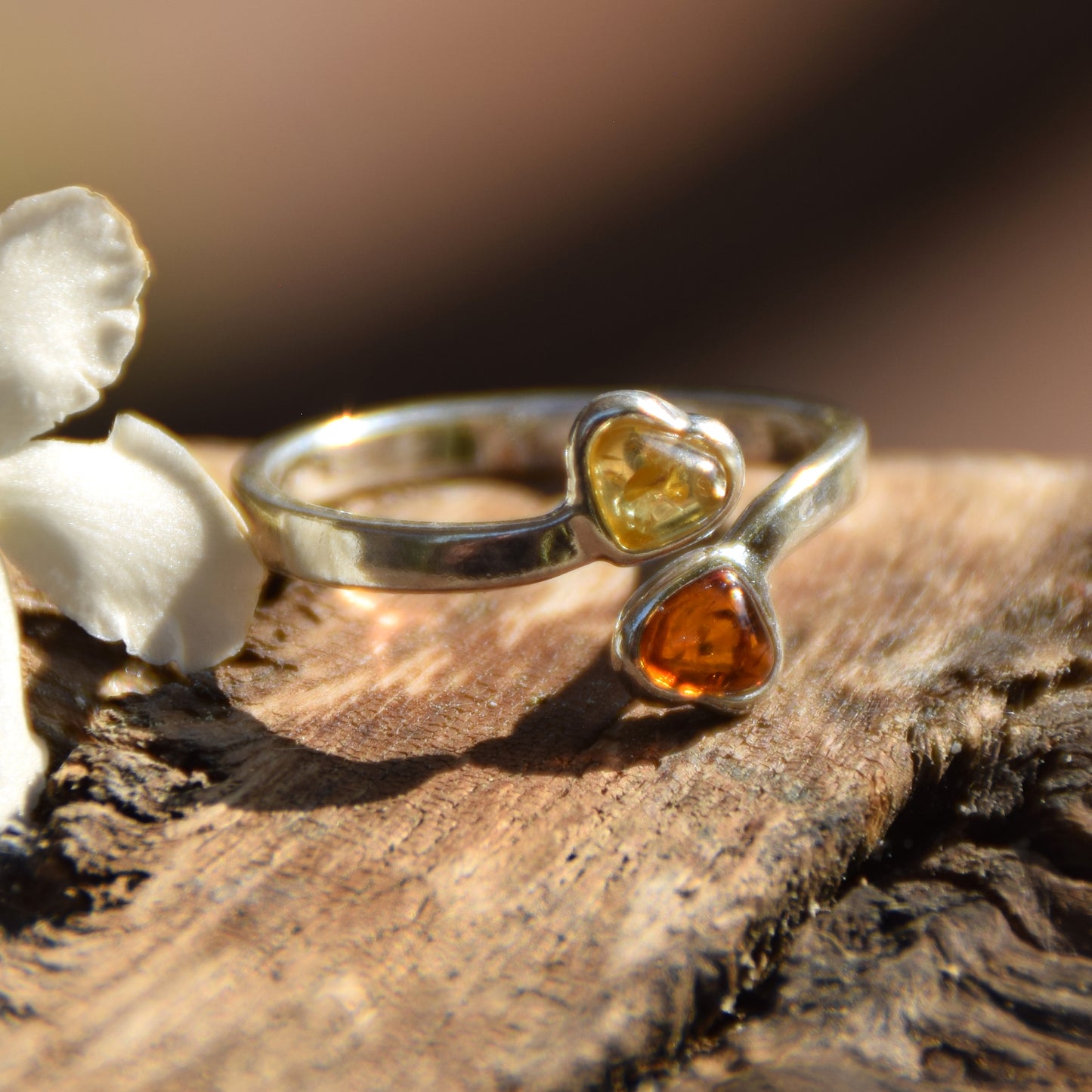 Adjustable ring with two natural amber hearts in various shades and 925 sterling silver, MJ Baltica, BP148