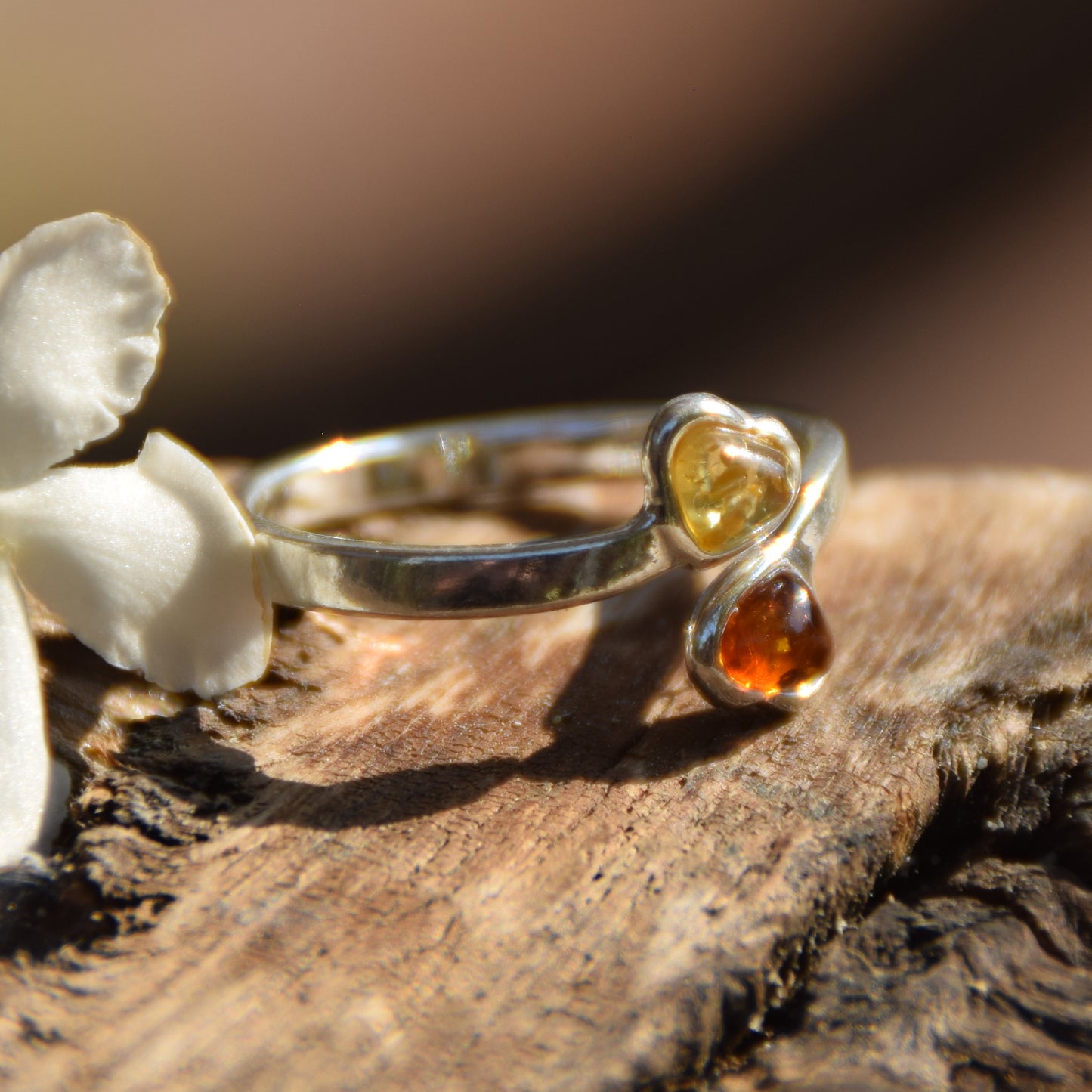 Adjustable ring with two natural amber hearts in various shades and 925 sterling silver, MJ Baltica, BP148