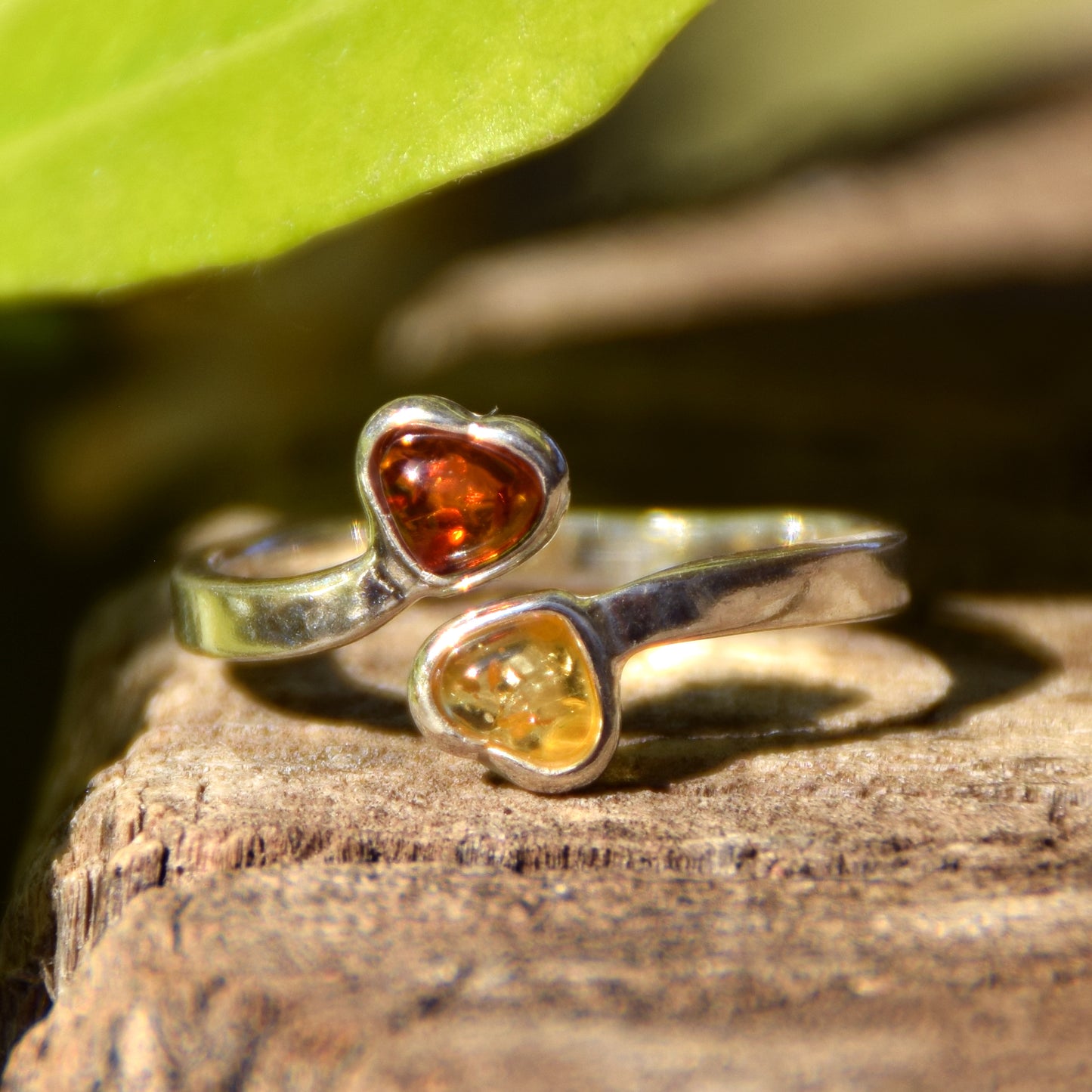 Adjustable ring with two natural amber hearts in various shades and 925 sterling silver, MJ Baltica, BP148