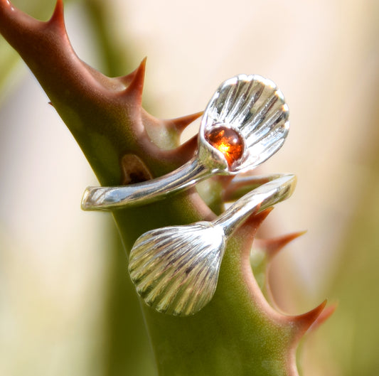 MJ Baltica, Ring, baltischer Naturbernstein, 925 Silber, verstellbar, Muschel, BP149