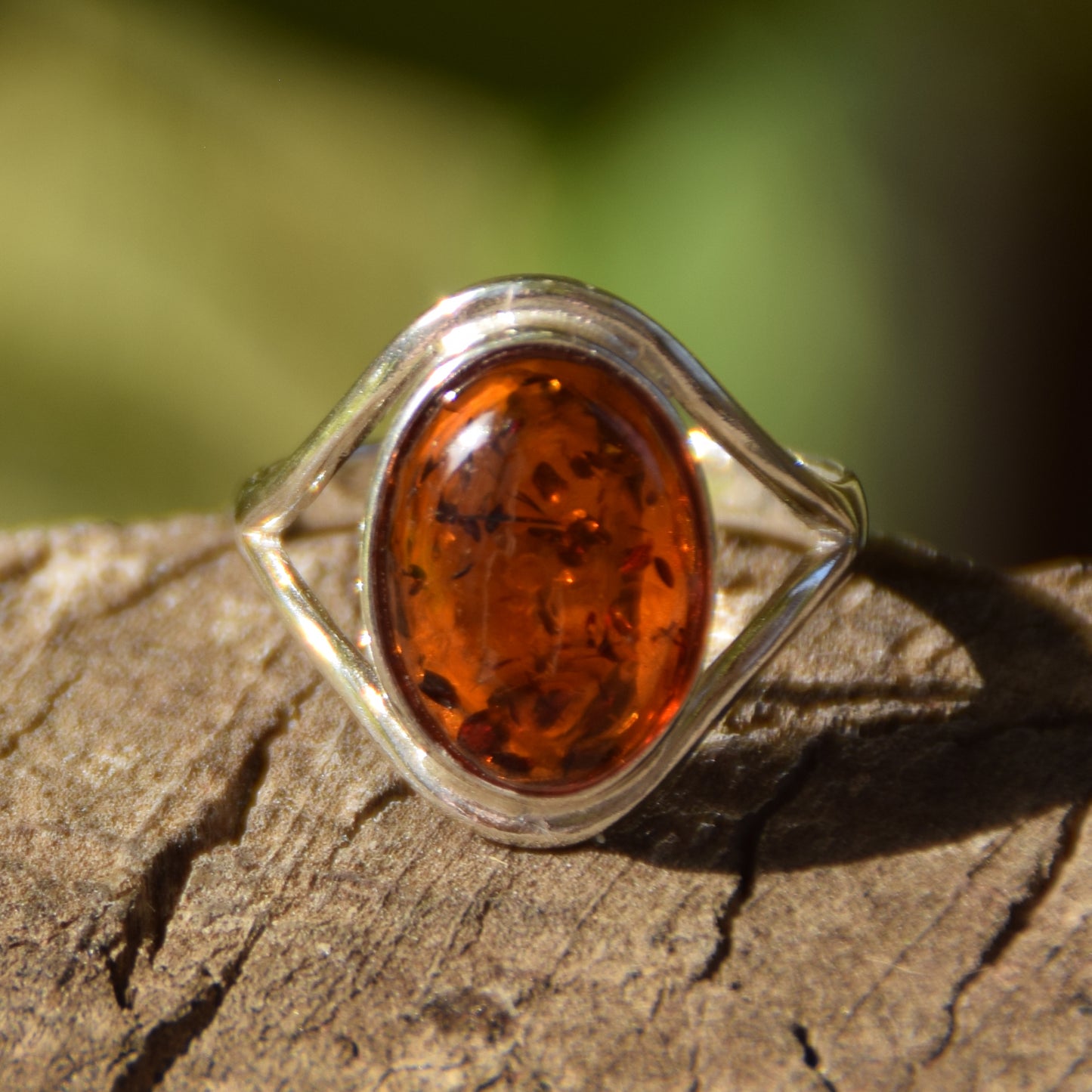 Elegant and luminous ring made with natural cognac-colored Amber and 925 Sterling Silver, MJ Baltica, BP150