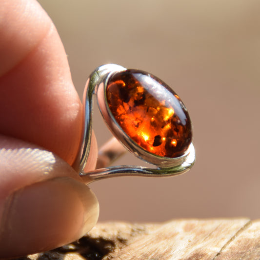 Elegant and luminous ring made with natural cognac-colored Amber and 925 Sterling Silver, MJ Baltica, BP150