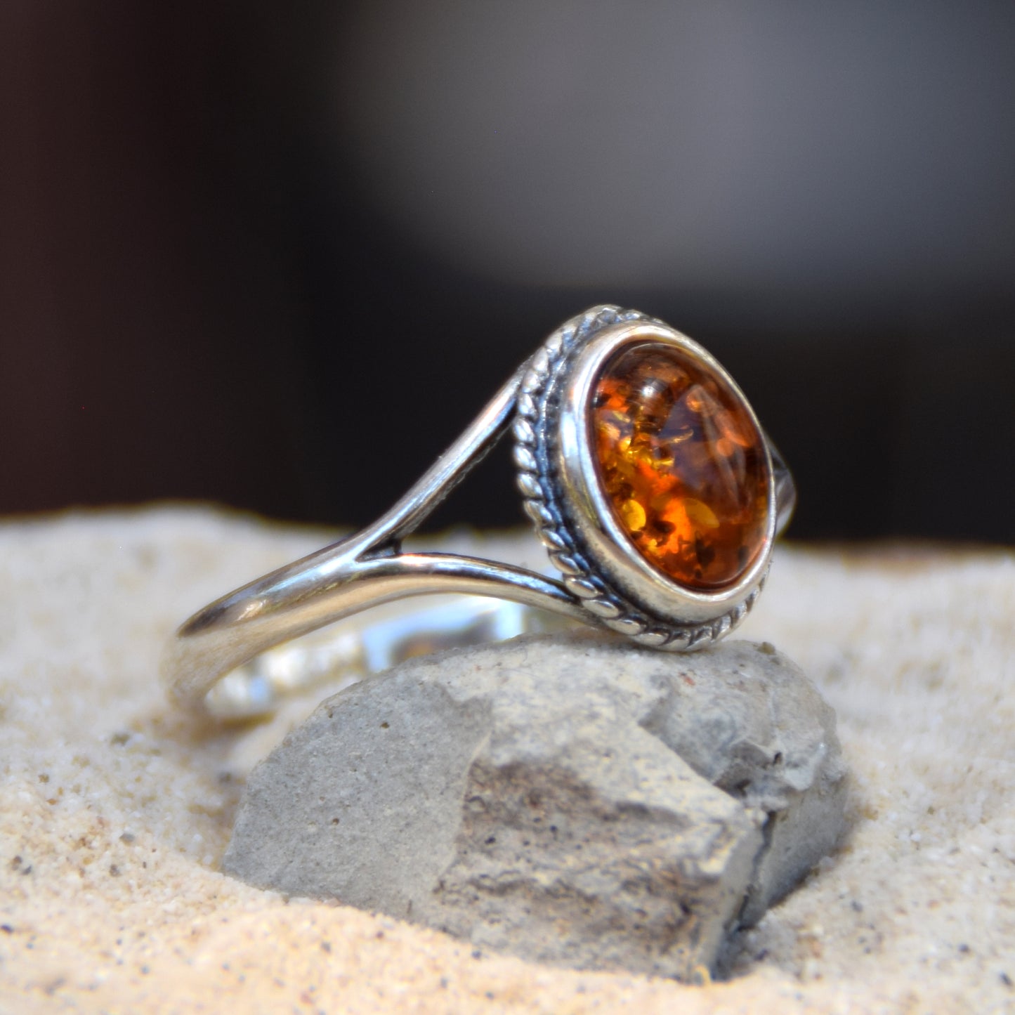Classic oval ring with natural cognac amber and 925 Silver, MJ Baltica, BP152