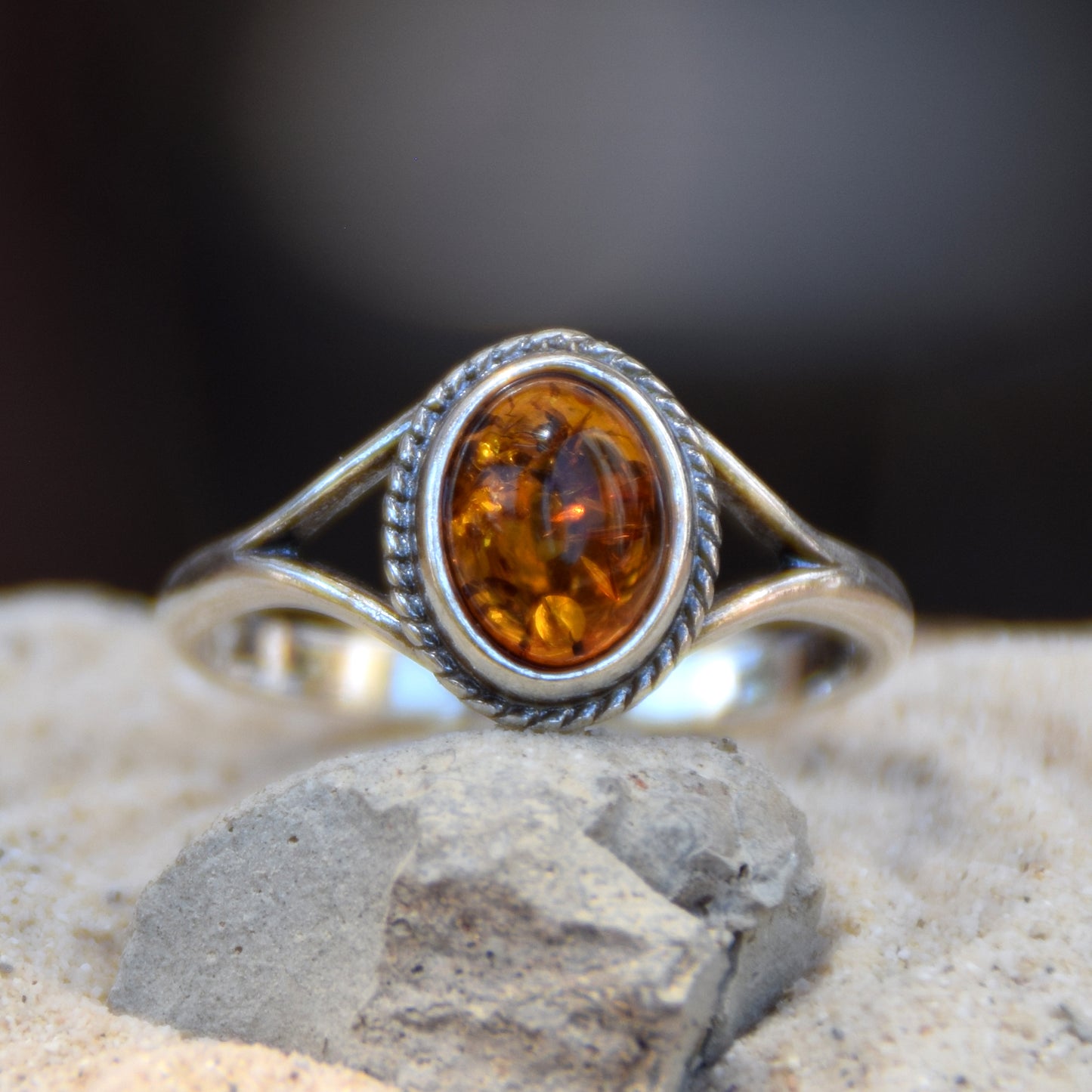 Classic oval ring with natural cognac amber and 925 Silver, MJ Baltica, BP152