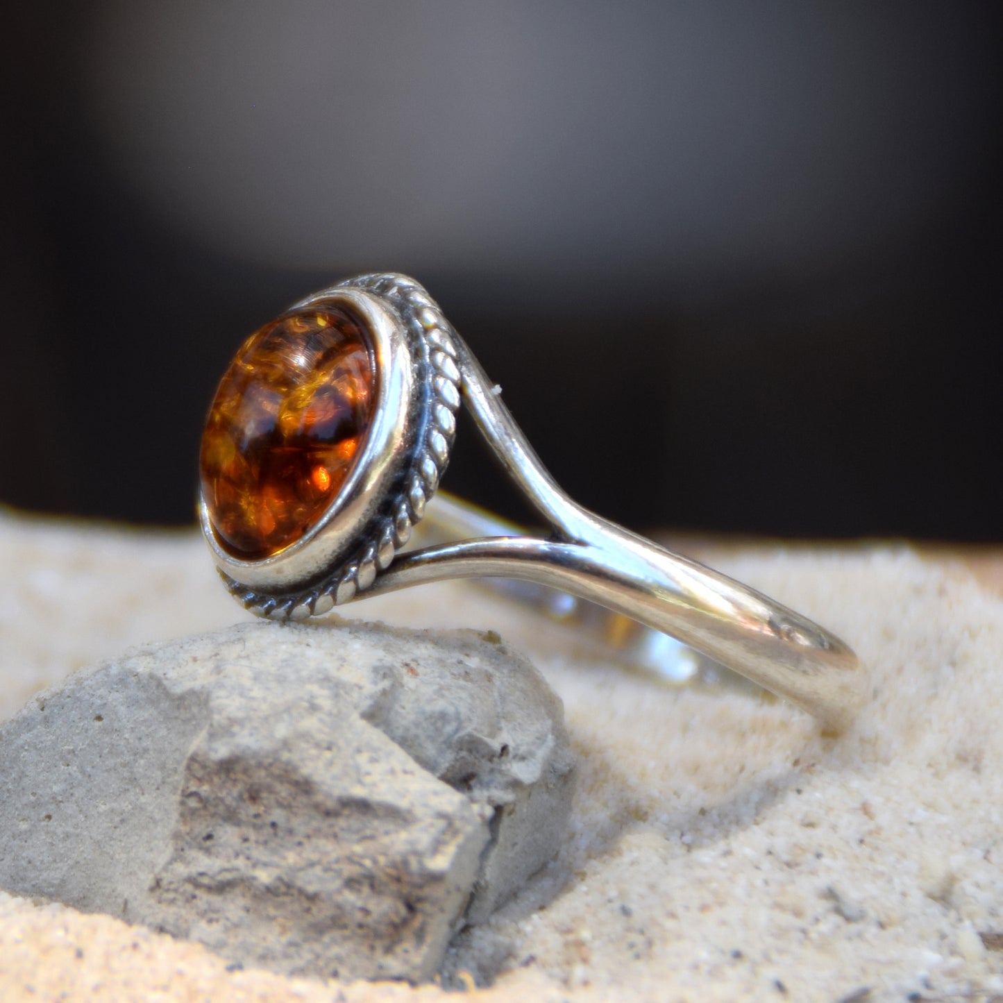 Classic oval ring with natural cognac amber and 925 Silver, MJ Baltica, BP152