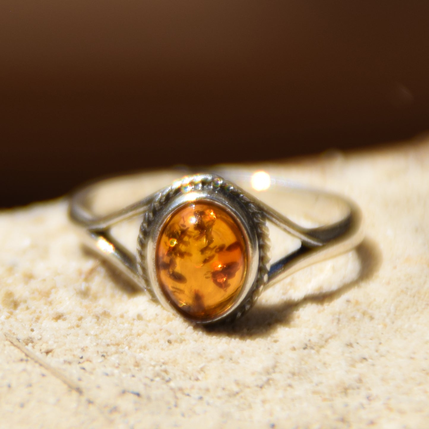 Classic oval ring with natural cognac amber and 925 Silver, MJ Baltica, BP152