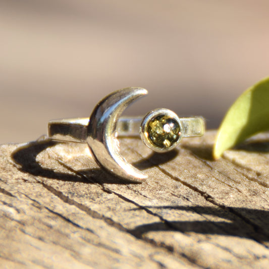 Anello regolabile con il sole e la luna in Ambra naturale color verde e Argento 925, MJ Baltica, BP154