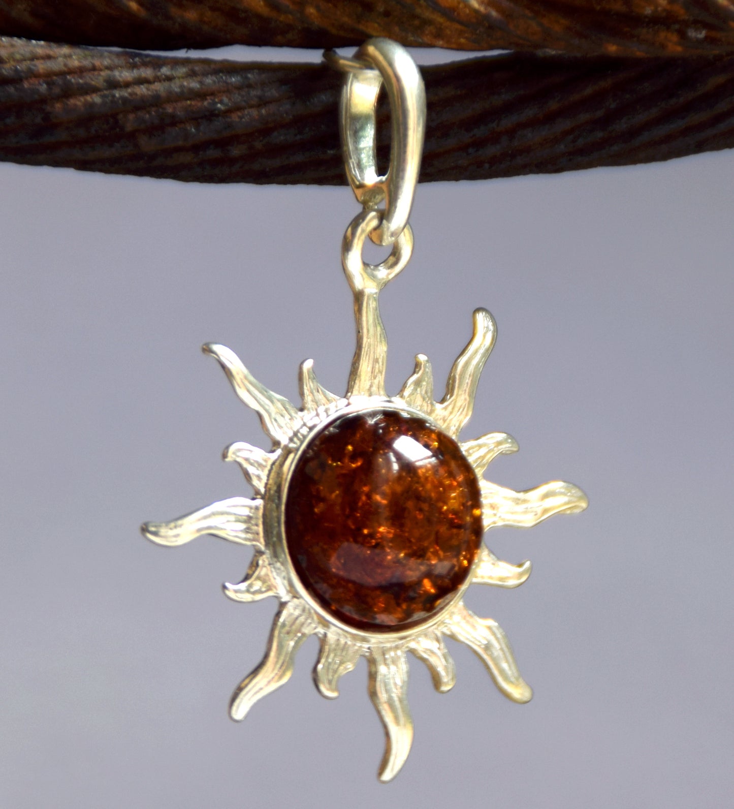 Luminous pendant with natural cognac amber sun and 925 Silver, MJ Baltica, BW009