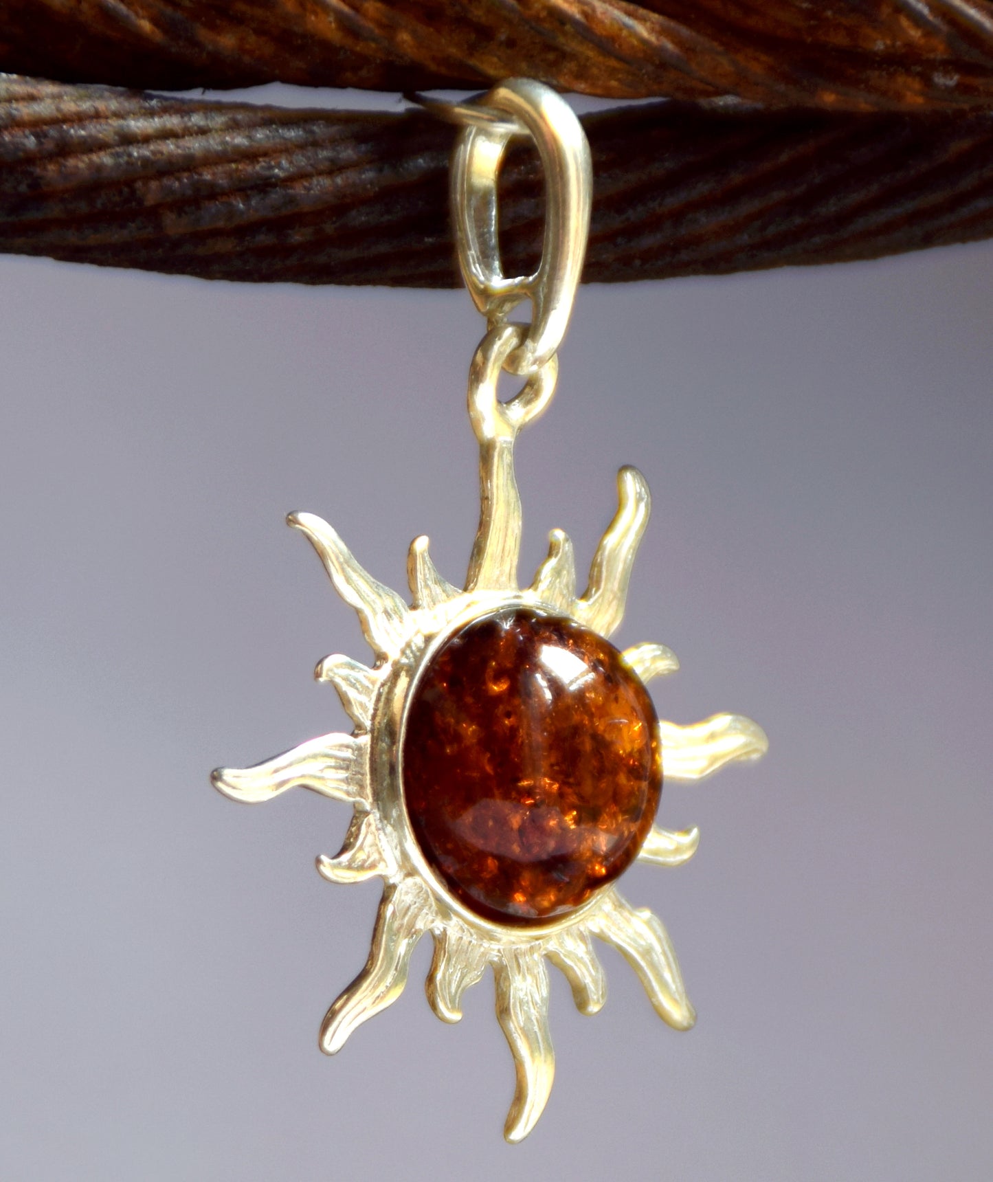 Luminous pendant with natural cognac amber sun and 925 Silver, MJ Baltica, BW009