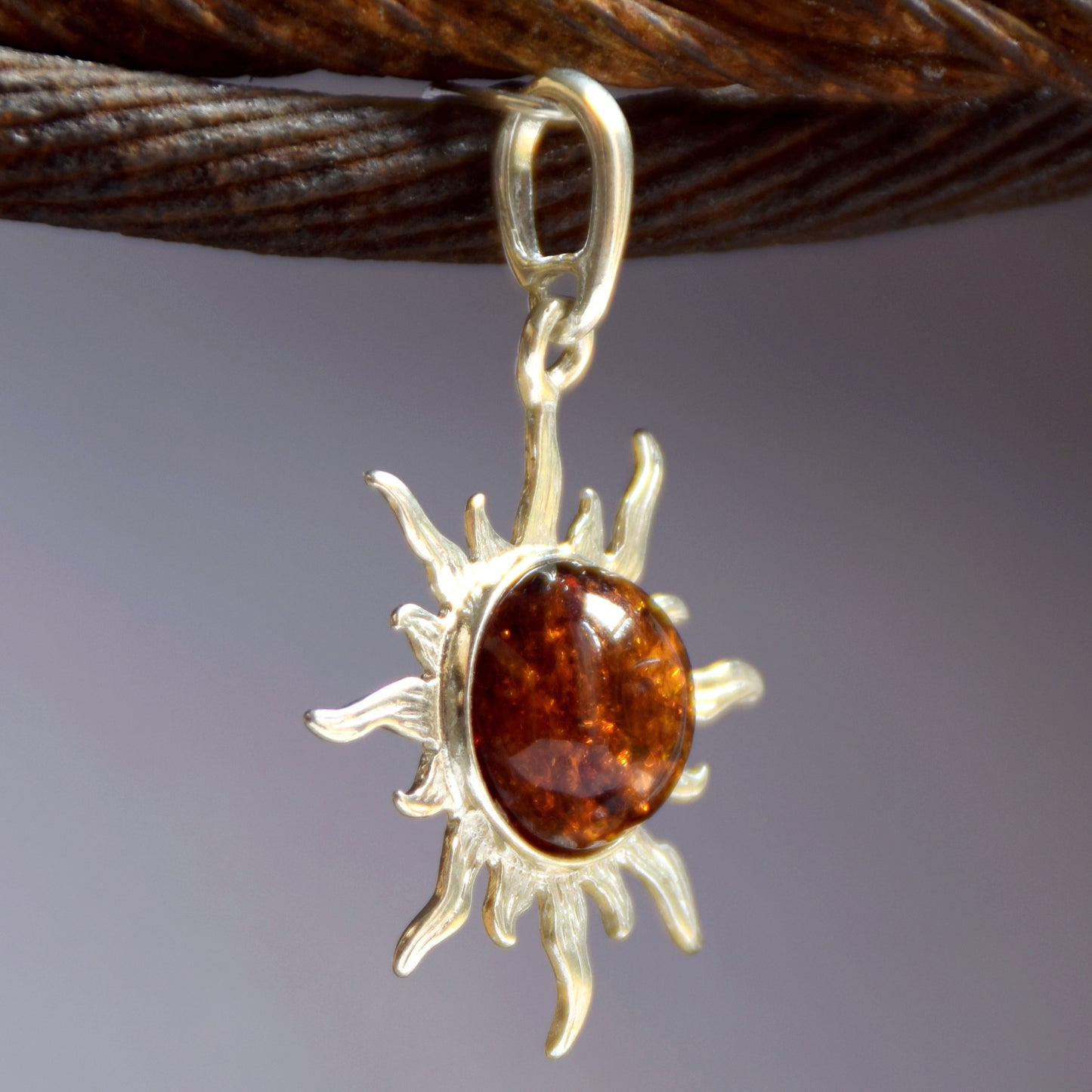 Luminous pendant with natural cognac amber sun and 925 Silver, MJ Baltica, BW009
