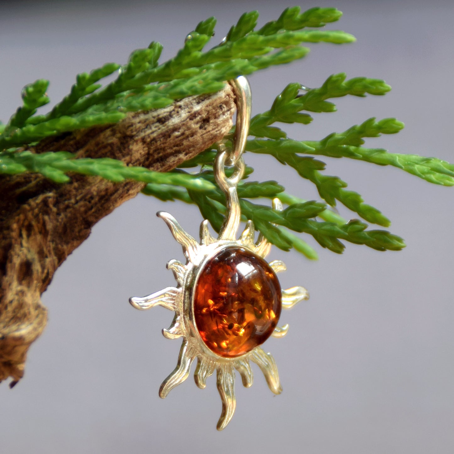 Luminous pendant with natural cognac amber sun and 925 Silver, MJ Baltica, BW009