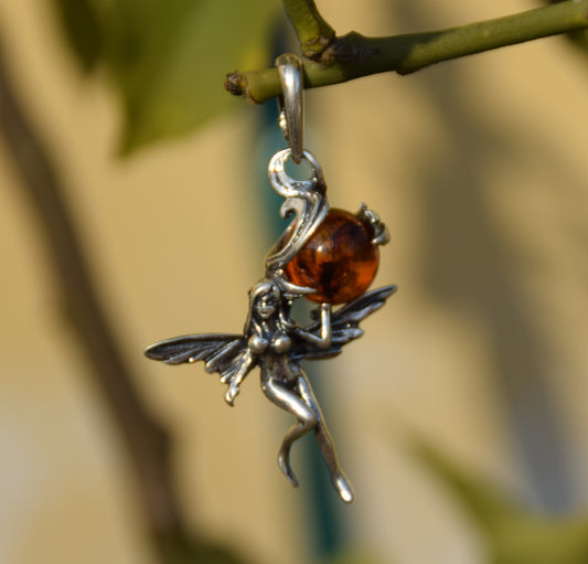 MJ Baltica, ciondolo, Ambra naturale Baltica, Argento 925, fatina, sfera, fata BW010
