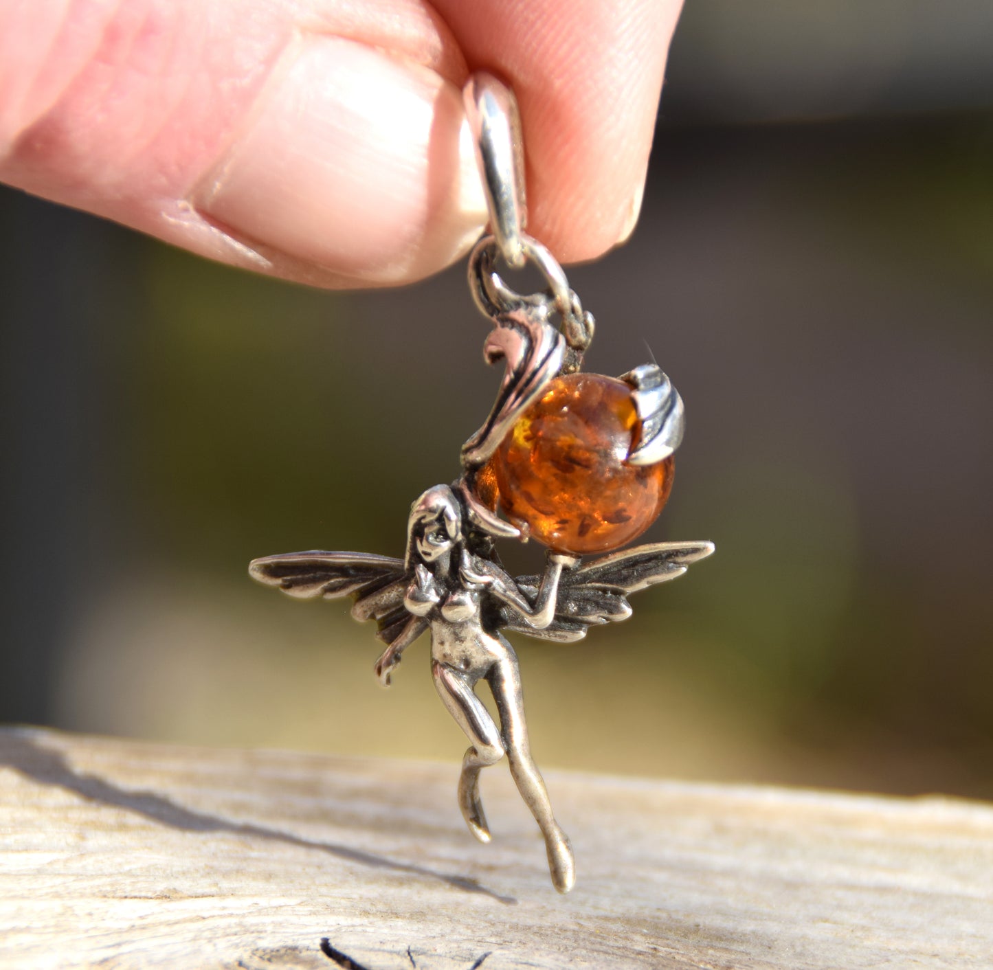 Realistic fairy pendant with natural cognac amber ball in Sterling Silver 925, MJ Baltica, BW010