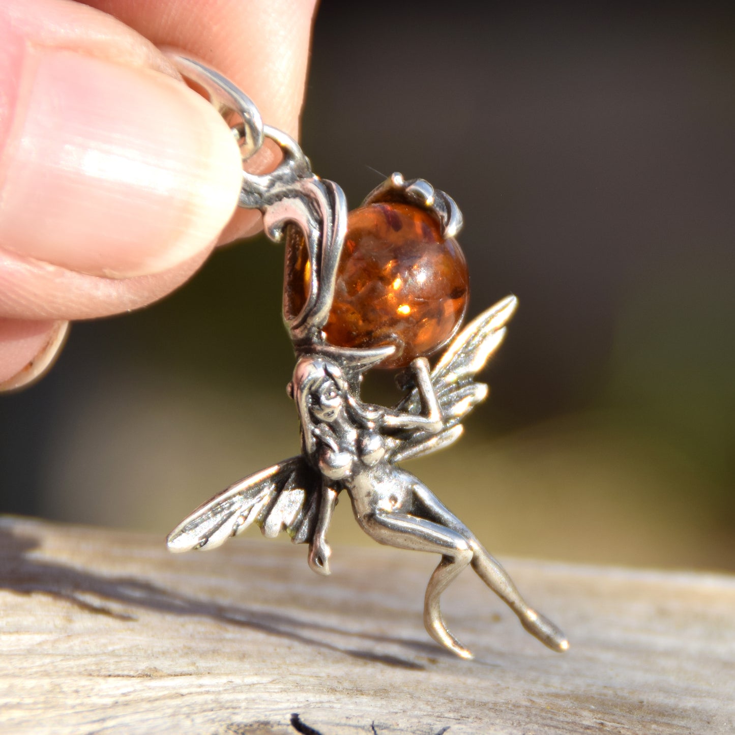 Realistic fairy pendant with natural cognac amber ball in Sterling Silver 925, MJ Baltica, BW010