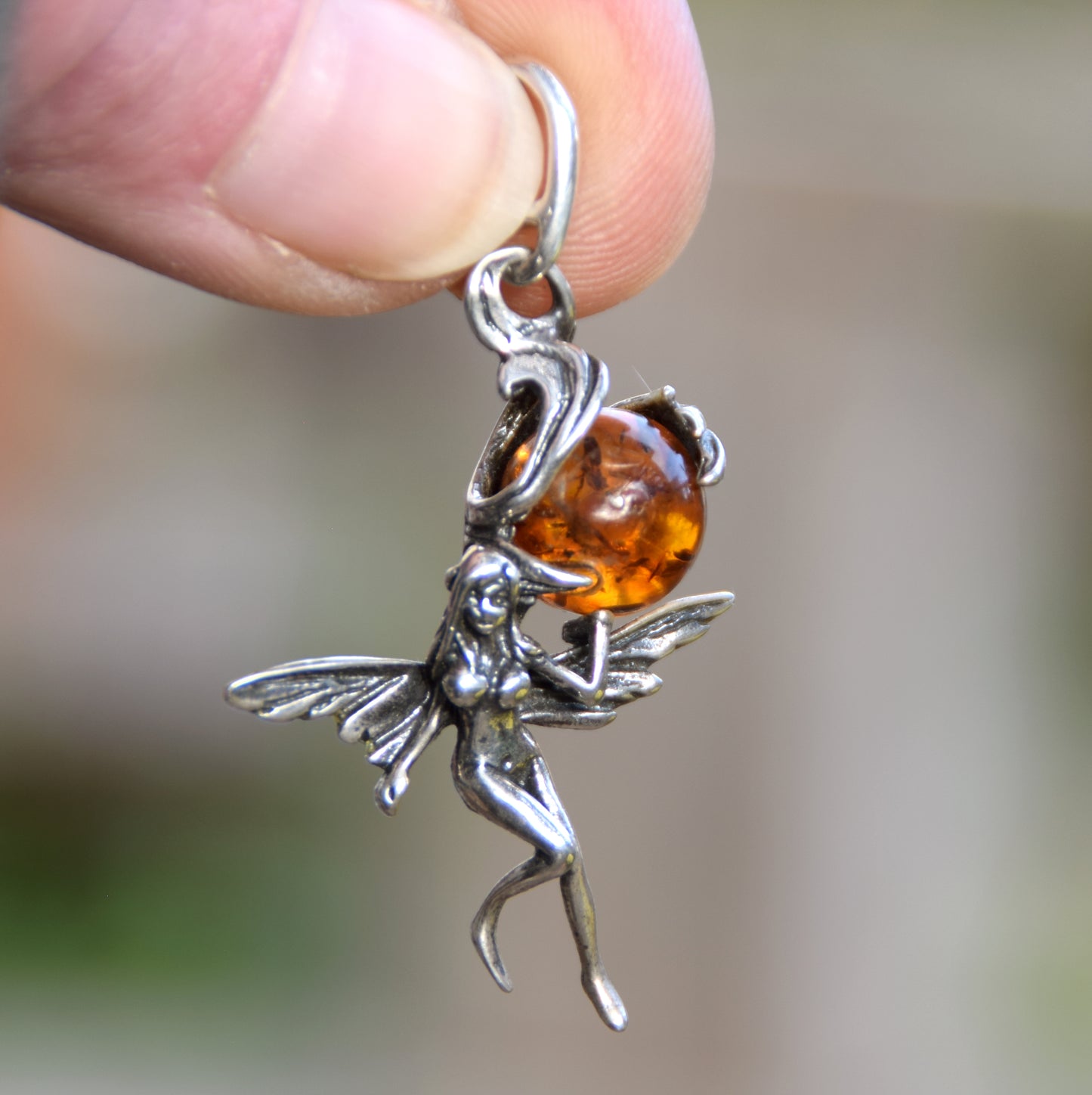 Realistic fairy pendant with natural cognac amber ball in Sterling Silver 925, MJ Baltica, BW010