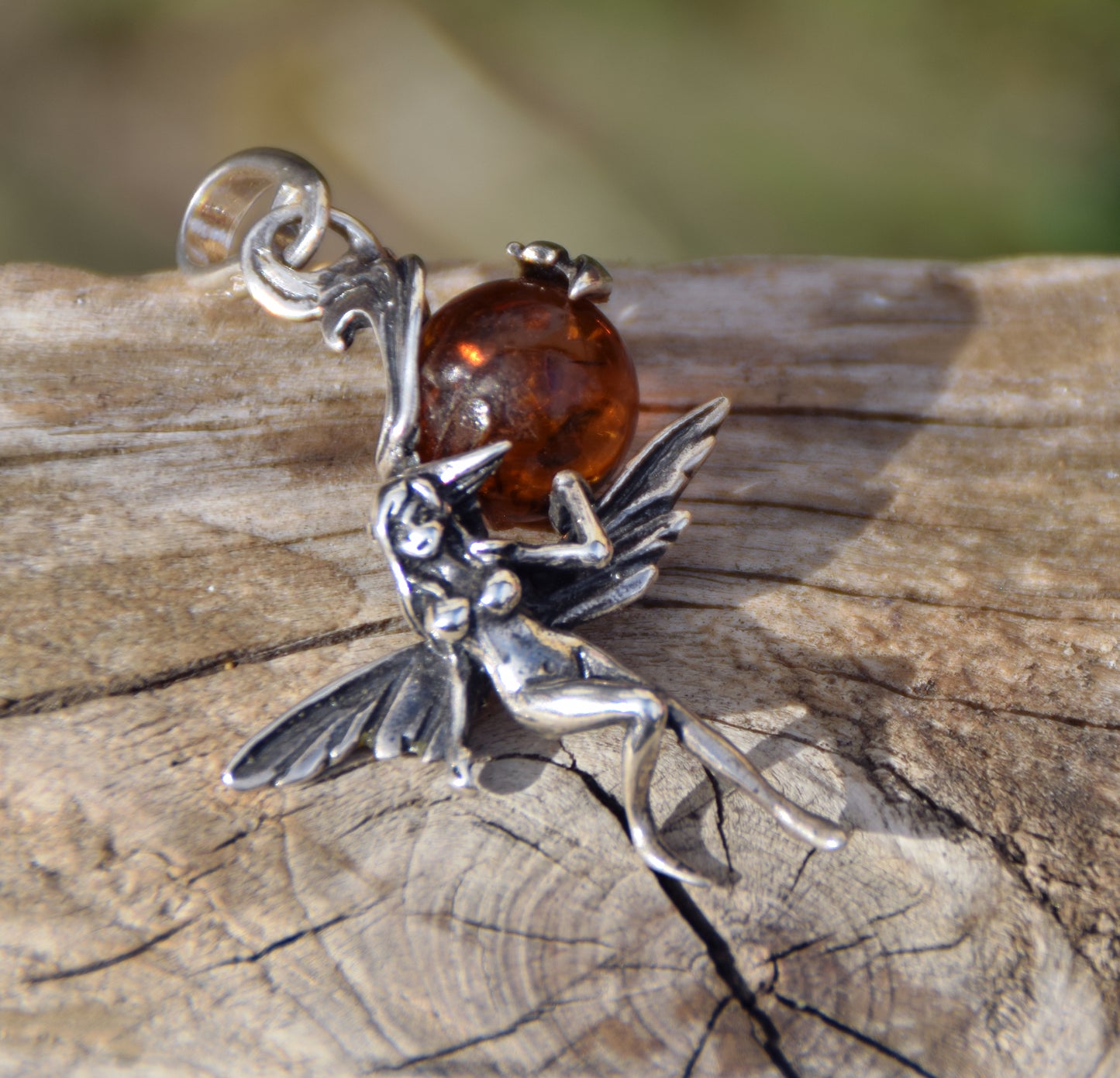 Realistic fairy pendant with natural cognac amber ball in Sterling Silver 925, MJ Baltica, BW010