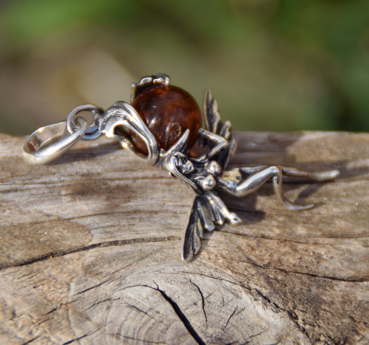 Realistic fairy pendant with natural cognac amber ball in Sterling Silver 925, MJ Baltica, BW010