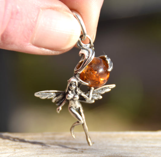 Realistic fairy pendant with natural cognac amber ball in Sterling Silver 925, MJ Baltica, BW010