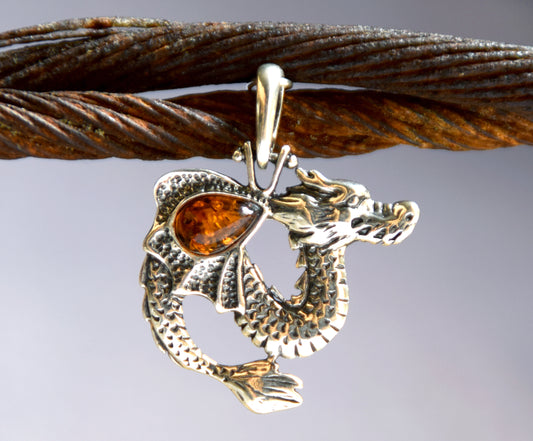 Cognac Natural Amber and Sterling Silver Chinese Dragon Pendant, MJ Baltica, BW013