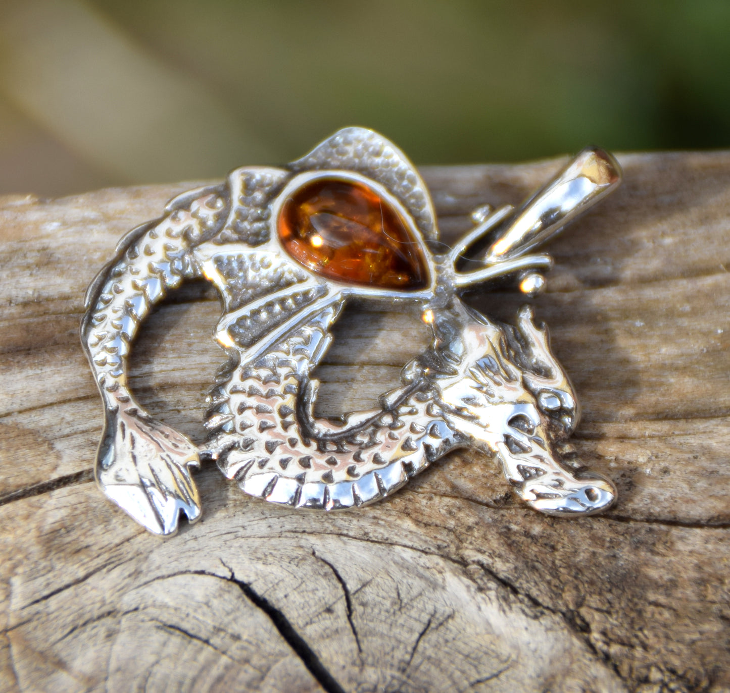 Cognac Natural Amber and Sterling Silver Chinese Dragon Pendant, MJ Baltica, BW013