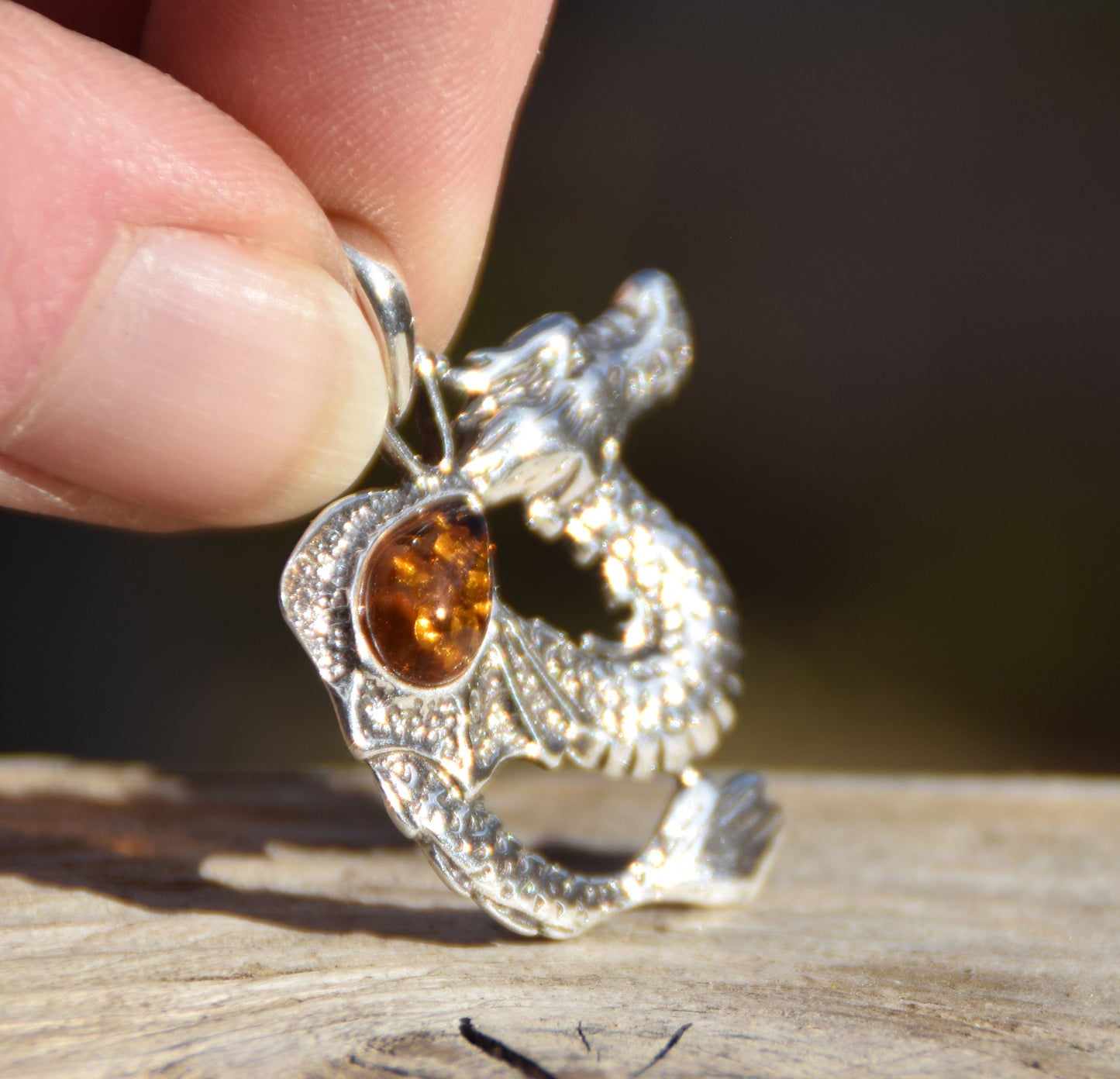 Cognac Natural Amber and Sterling Silver Chinese Dragon Pendant, MJ Baltica, BW013