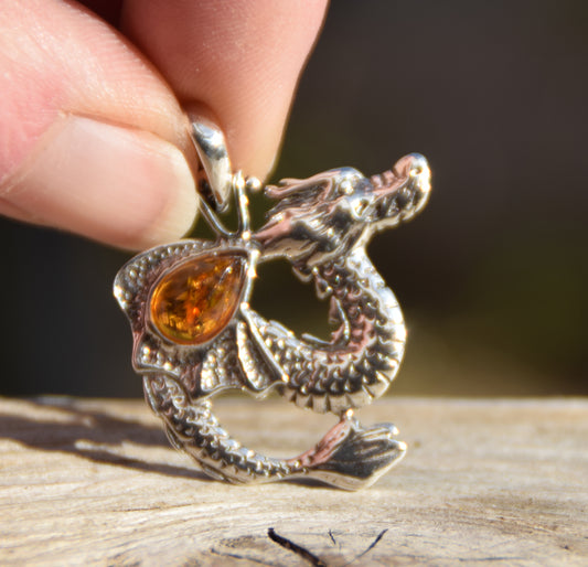 Cognac Natural Amber and Sterling Silver Chinese Dragon Pendant, MJ Baltica, BW013