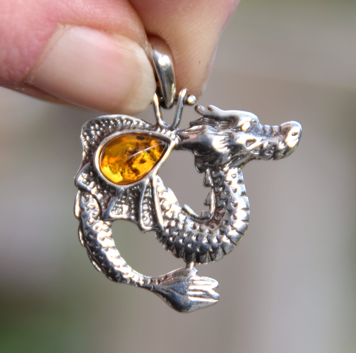 Cognac Natural Amber and Sterling Silver Chinese Dragon Pendant, MJ Baltica, BW013