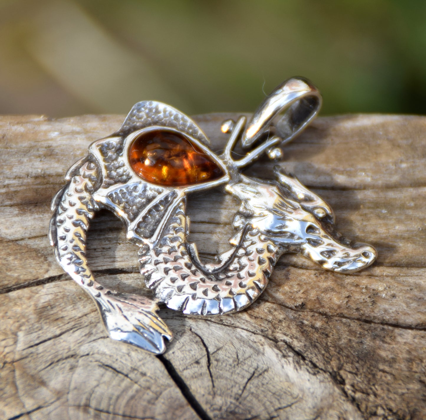 Cognac Natural Amber and Sterling Silver Chinese Dragon Pendant, MJ Baltica, BW013