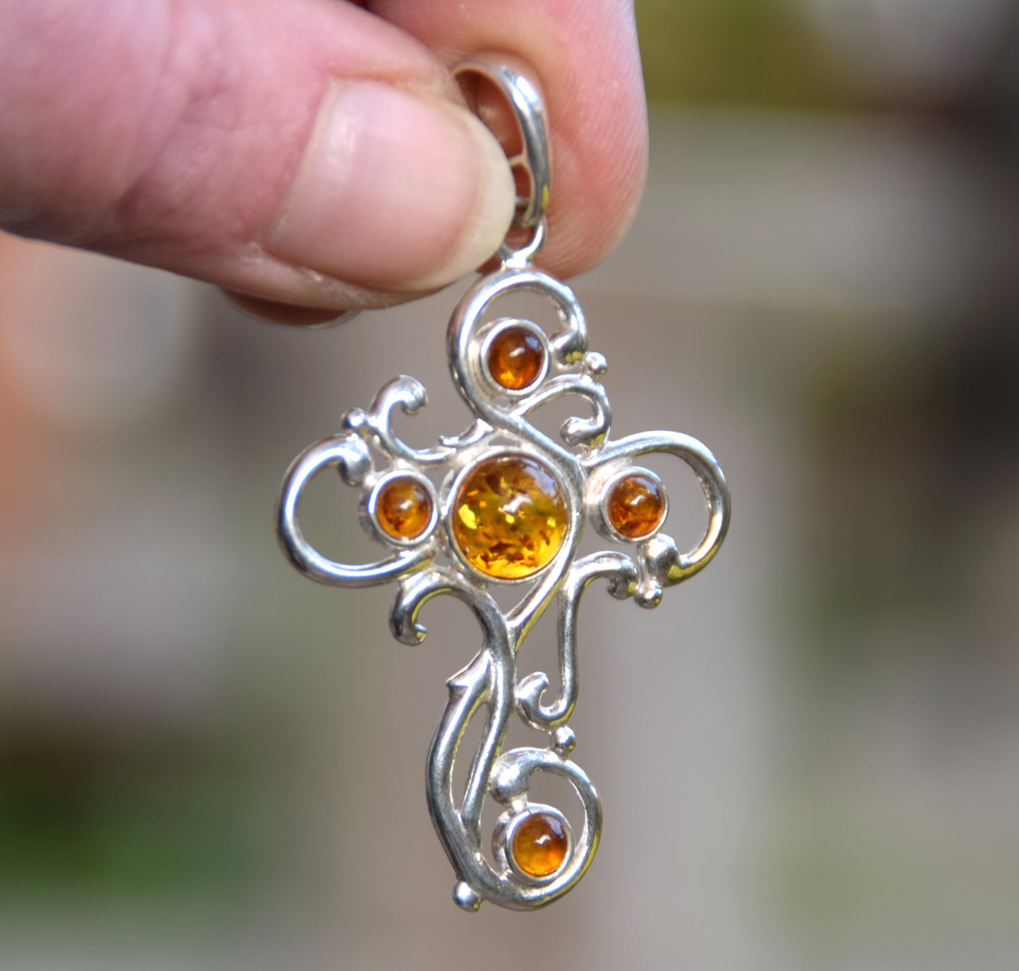 Large decorated cross pendant in cognac-colored natural Amber and Sterling Silver 925, MJ Baltica, BW014m
