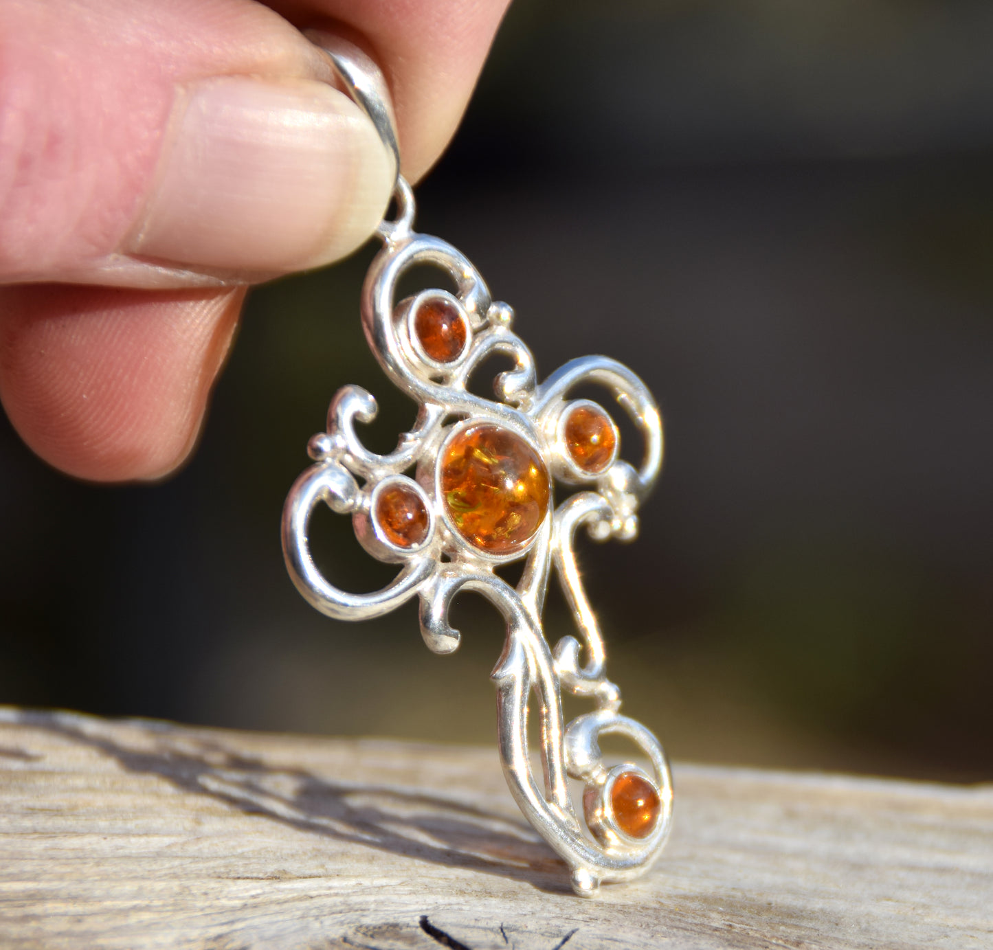 Large decorated cross pendant in cognac-colored natural Amber and Sterling Silver 925, MJ Baltica, BW014m