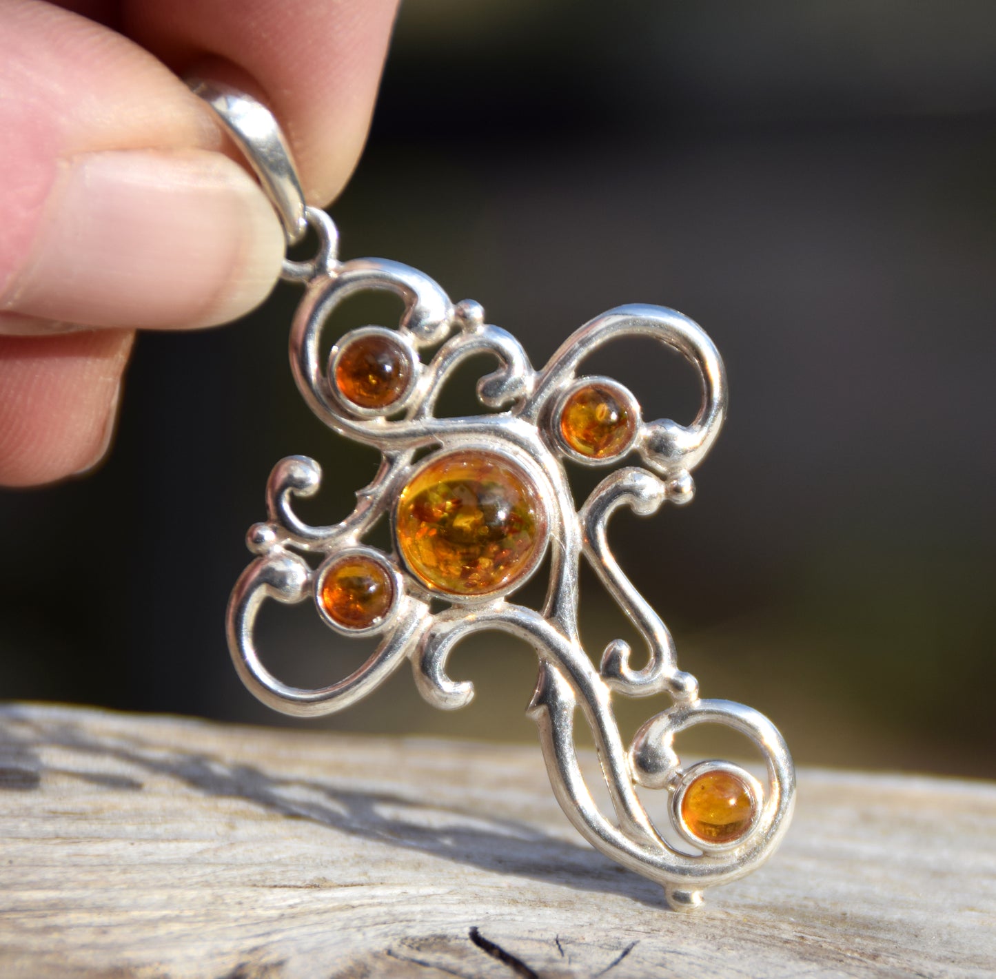Large decorated cross pendant in cognac-colored natural Amber and Sterling Silver 925, MJ Baltica, BW014m