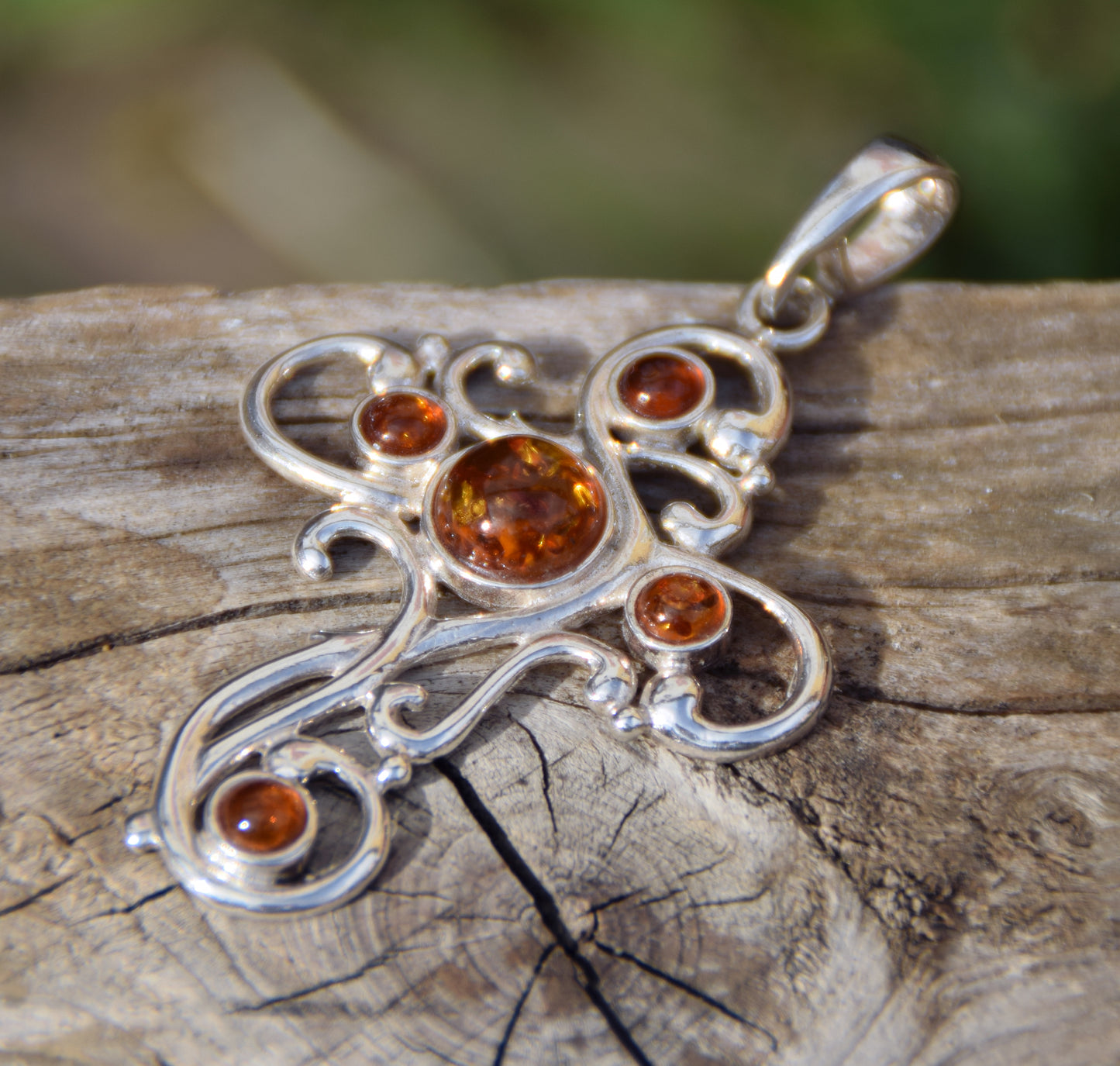 Large decorated cross pendant in cognac-colored natural Amber and Sterling Silver 925, MJ Baltica, BW014m
