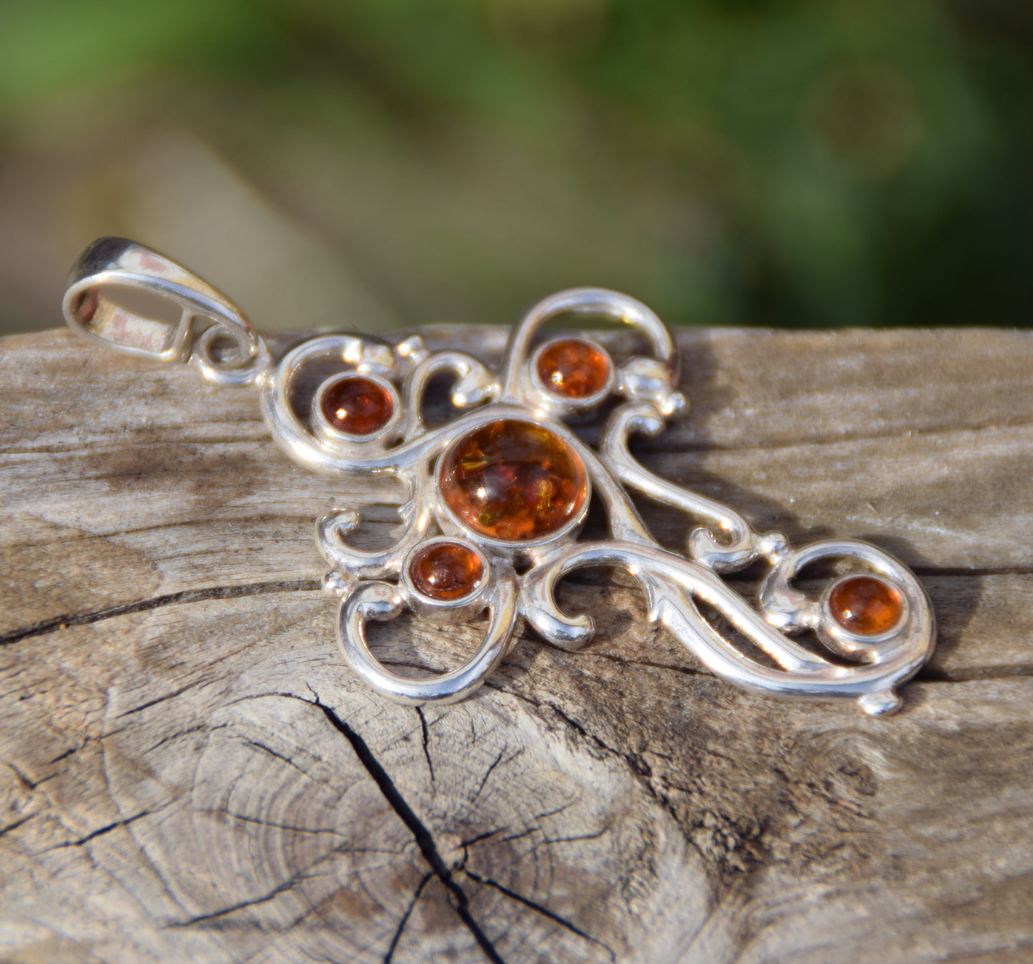 Large decorated cross pendant in cognac-colored natural Amber and Sterling Silver 925, MJ Baltica, BW014m