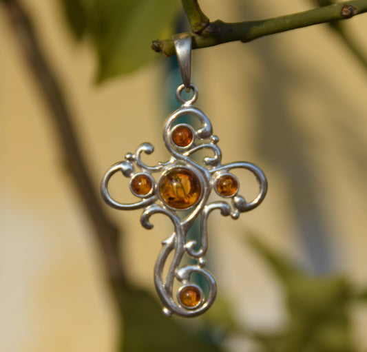 MJ Baltica, ciondolo, croce, artigianale, Ambra naturale Baltica, Argento 925, BW014m