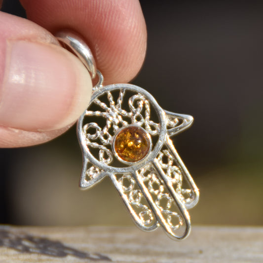 Cognac-colored natural Amber and Sterling Silver 925 Filigree Hamsa Hand Pendant, MJ Baltica, BW020