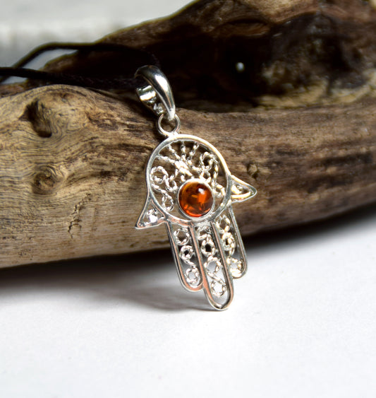 MJ Baltica, ciondolo, Ambra naturale Baltica, Argento 925, mano di Fatima, filigrana, BW020