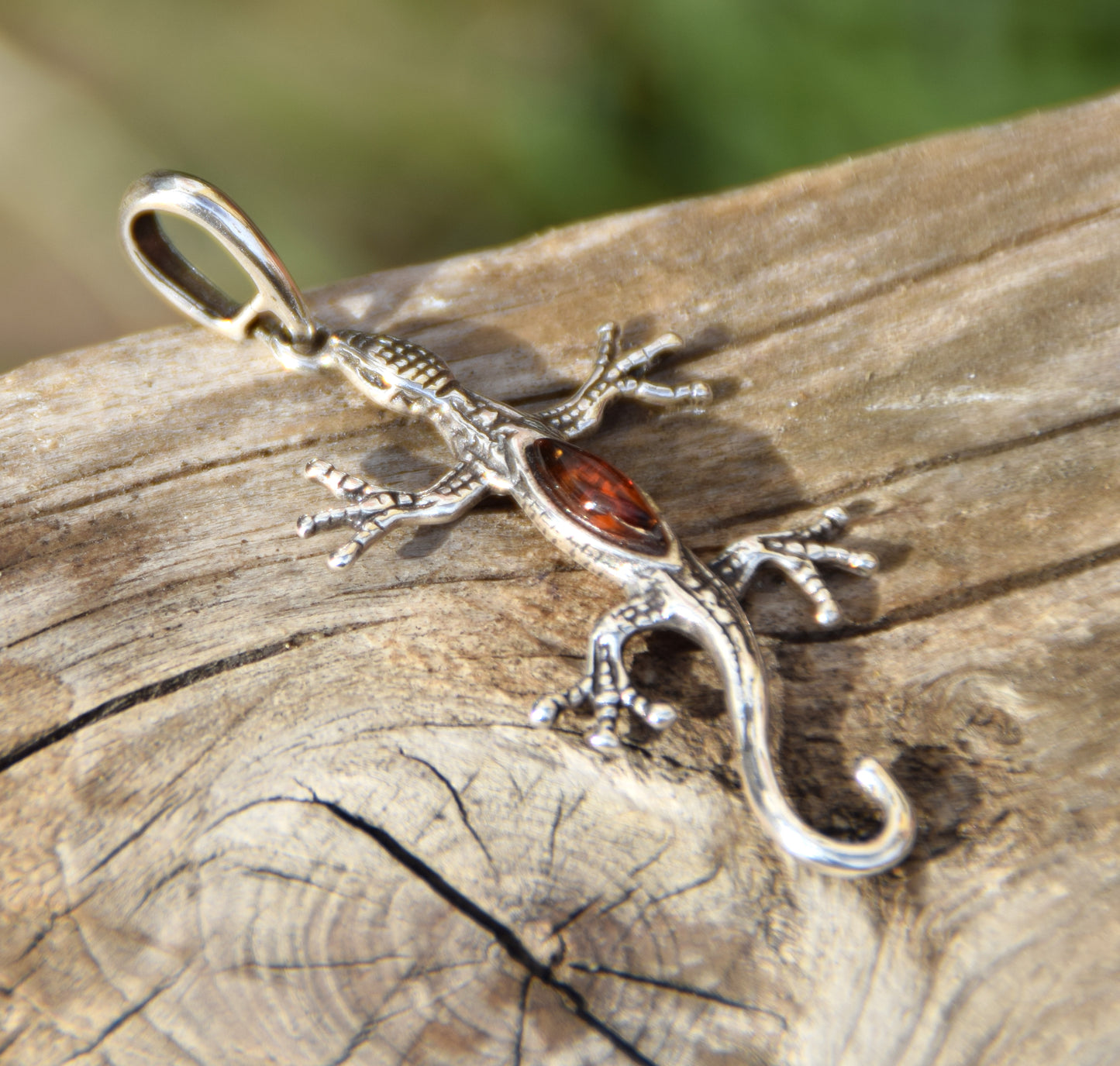 Cognac-colored natural Amber and 925 Sterling Silver lucky gecko pendant, MJ Baltica, BW021