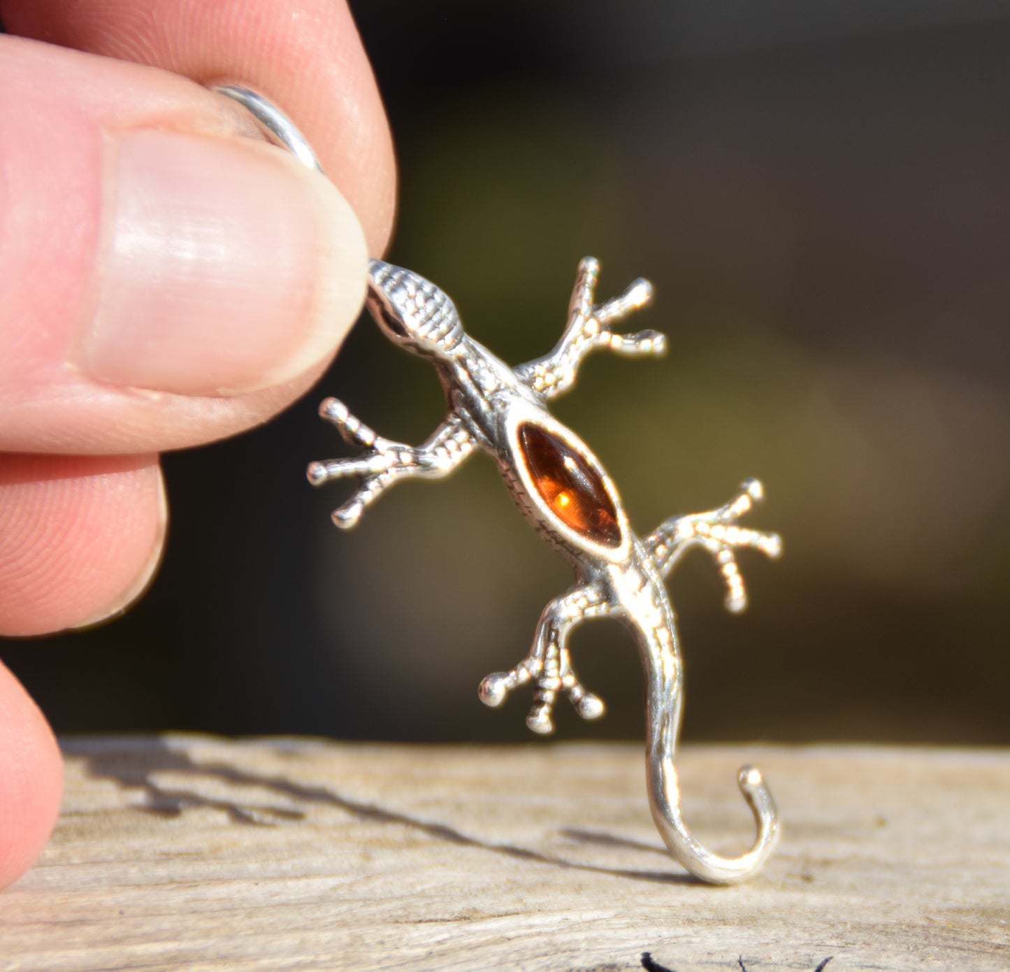 Cognac-colored natural Amber and 925 Sterling Silver lucky gecko pendant, MJ Baltica, BW021