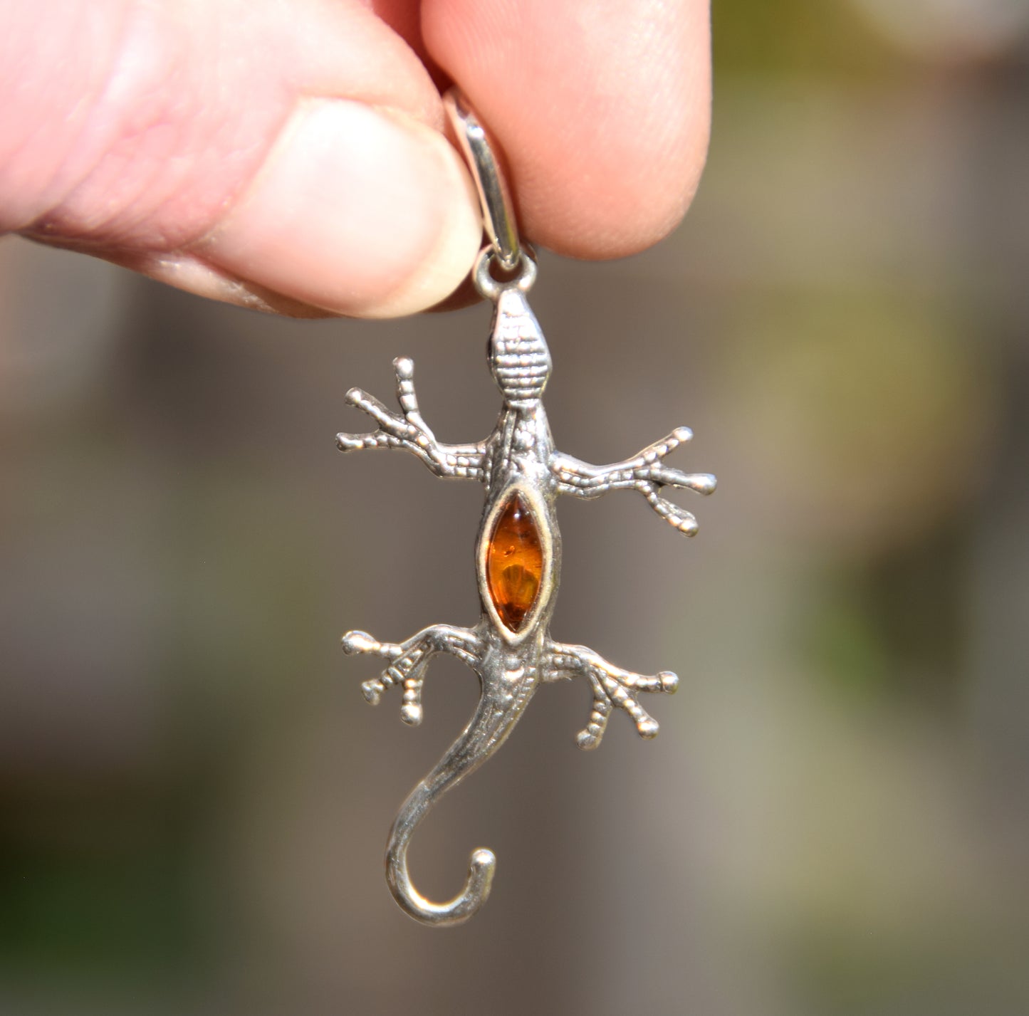 Cognac-colored natural Amber and 925 Sterling Silver lucky gecko pendant, MJ Baltica, BW021