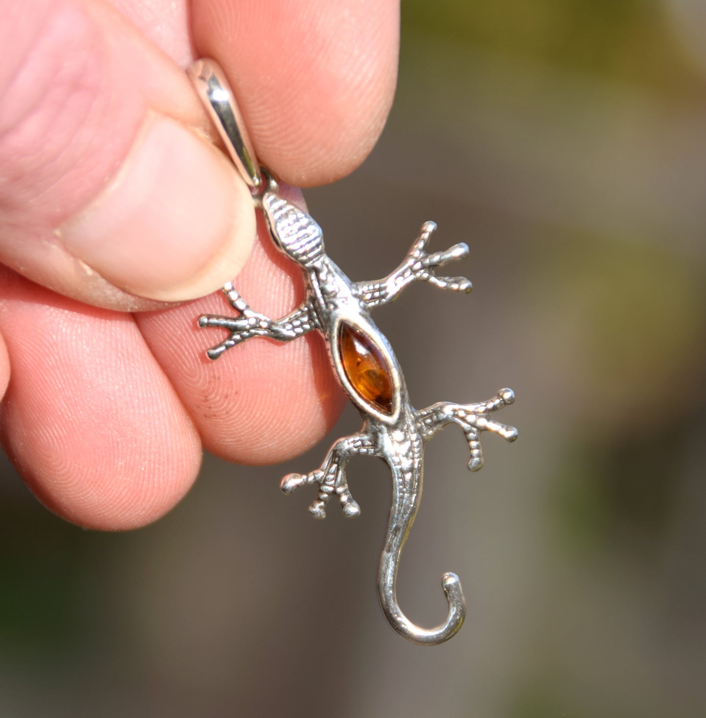 Cognac-colored natural Amber and 925 Sterling Silver lucky gecko pendant, MJ Baltica, BW021