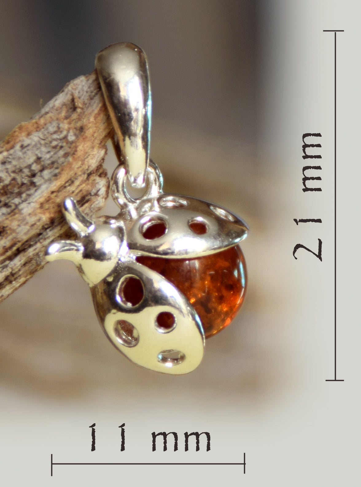 Delicate good luck ladybug pendant with natural cognac-colored Amber and 925 Sterling Silver, MJ Baltica, BW029