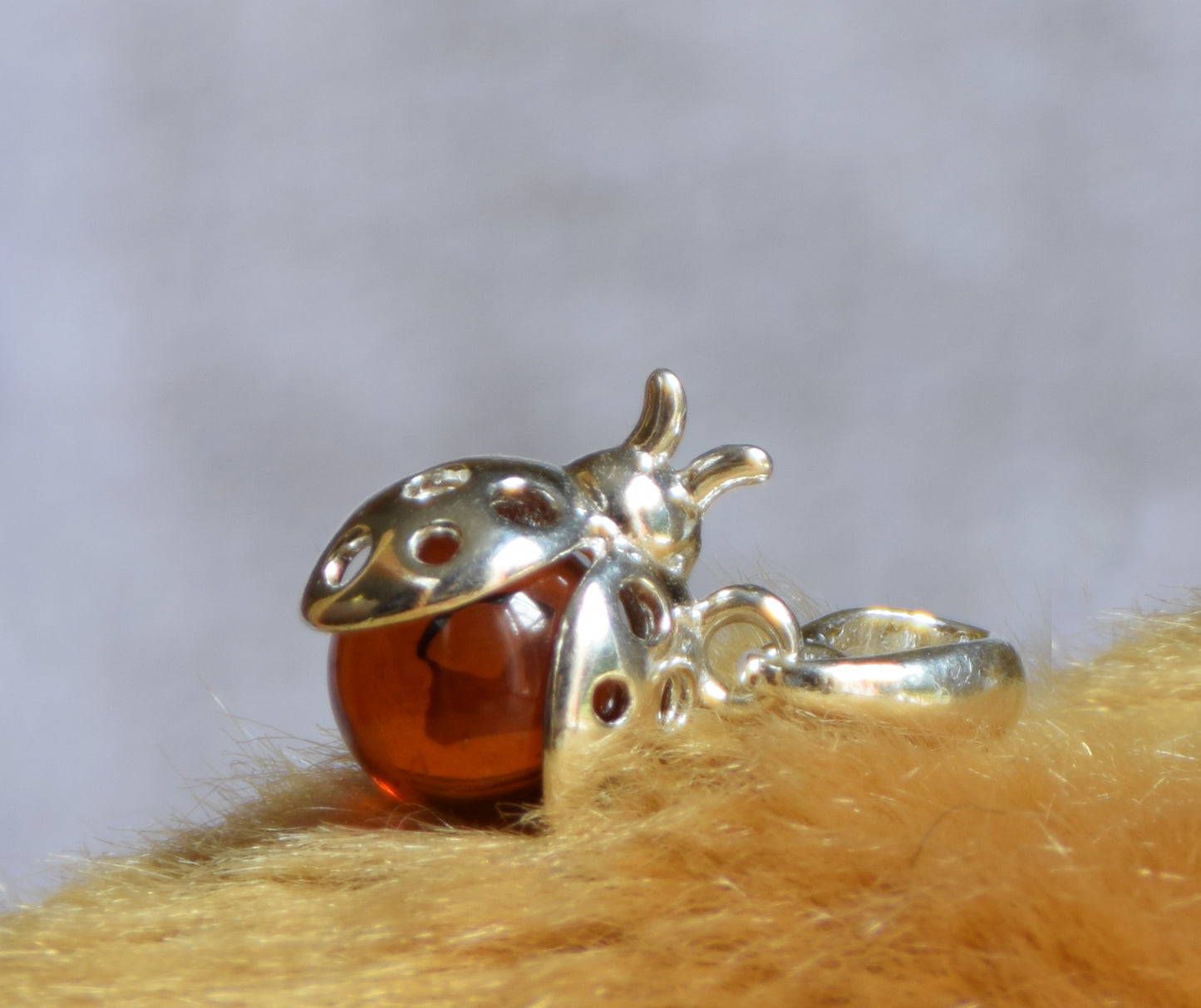 Delicate good luck ladybug pendant with natural cognac-colored Amber and 925 Sterling Silver, MJ Baltica, BW029