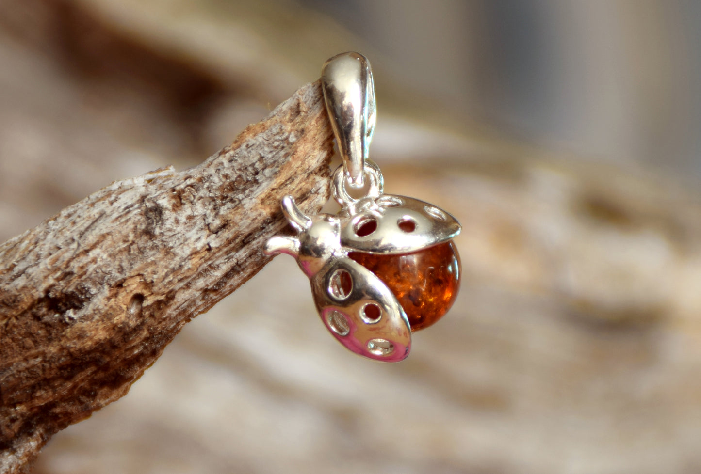 Delicate good luck ladybug pendant with natural cognac-colored Amber and 925 Sterling Silver, MJ Baltica, BW029